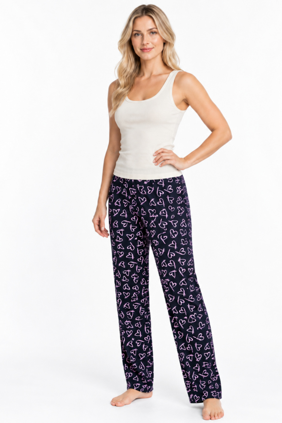 Kadın Çizgili Bluz Desenli Askılı Ekru Pijama Takımı 4