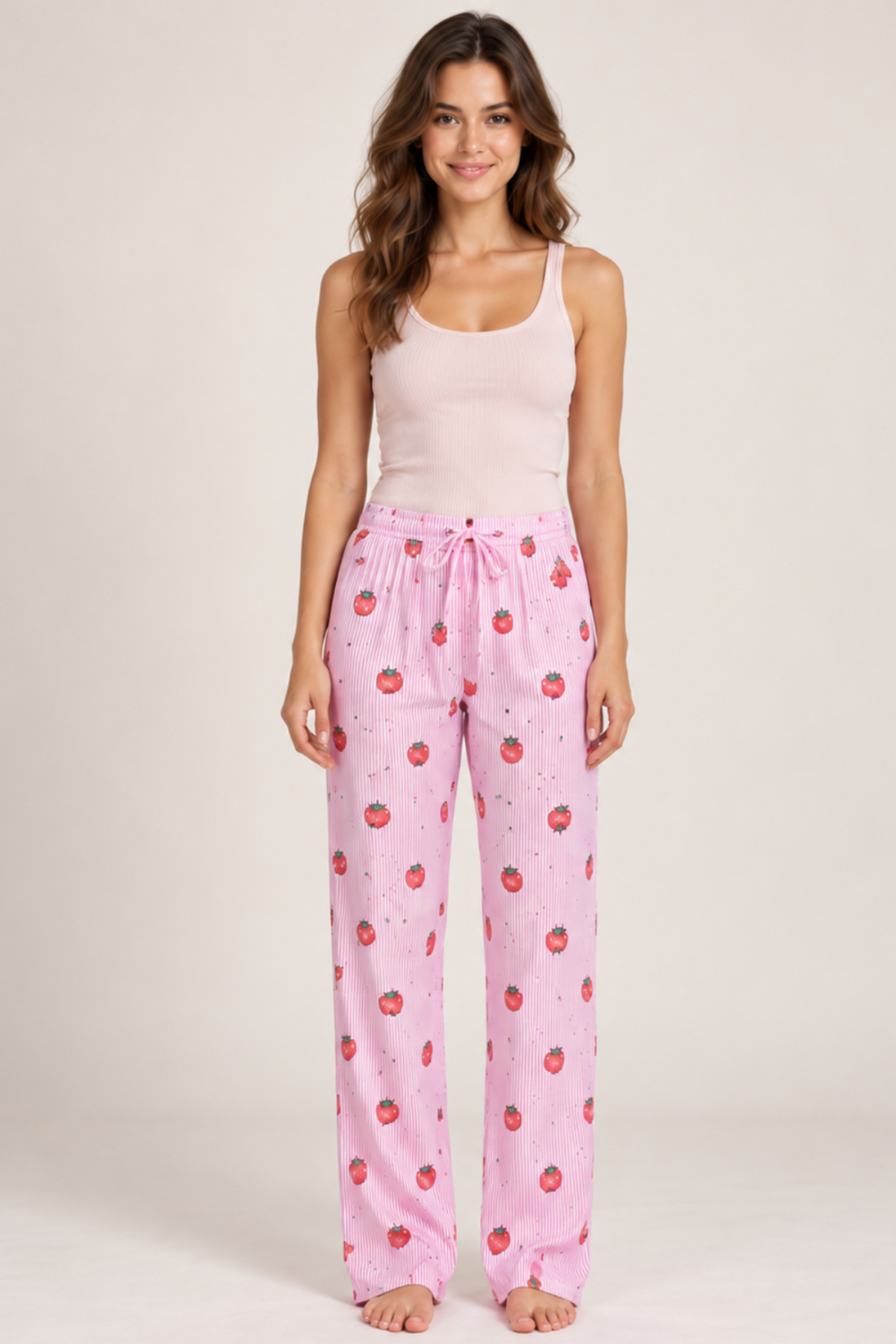 Kadın Çizgili Bluz Desenli Askılı Pembe Pijama Takımı 6