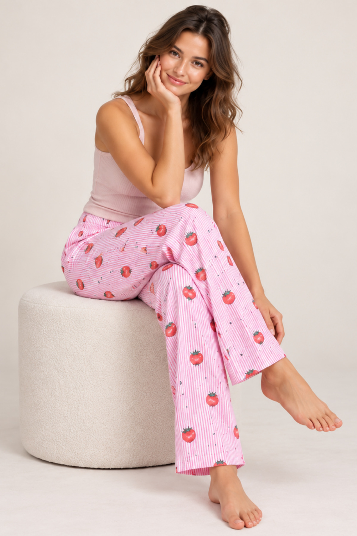 Kadın Çizgili Bluz Desenli Askılı Pembe Pijama Takımı 4