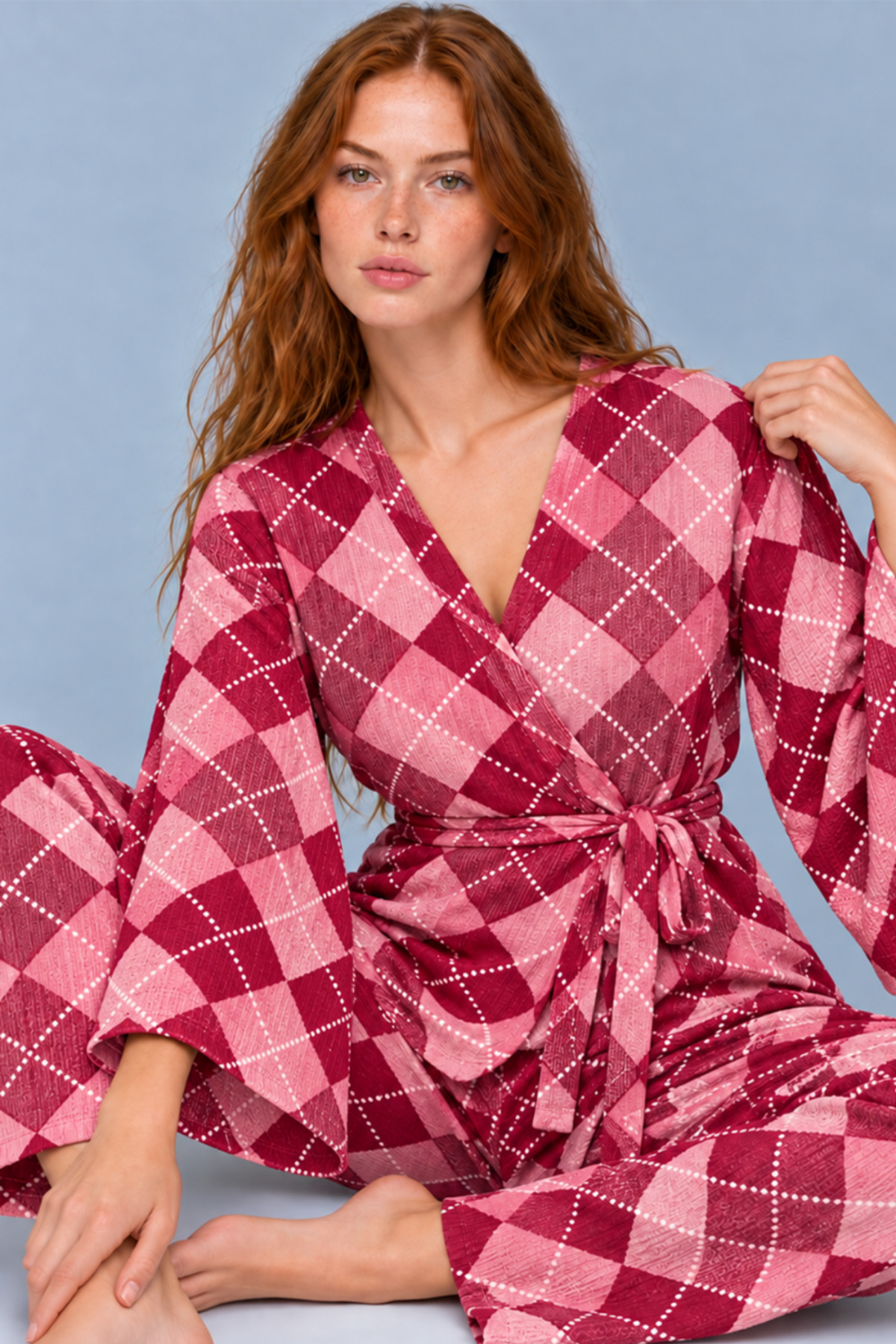 Kadın Kruvaze Kuşaklı Pembe İkili Pijama Takımı 4802 3