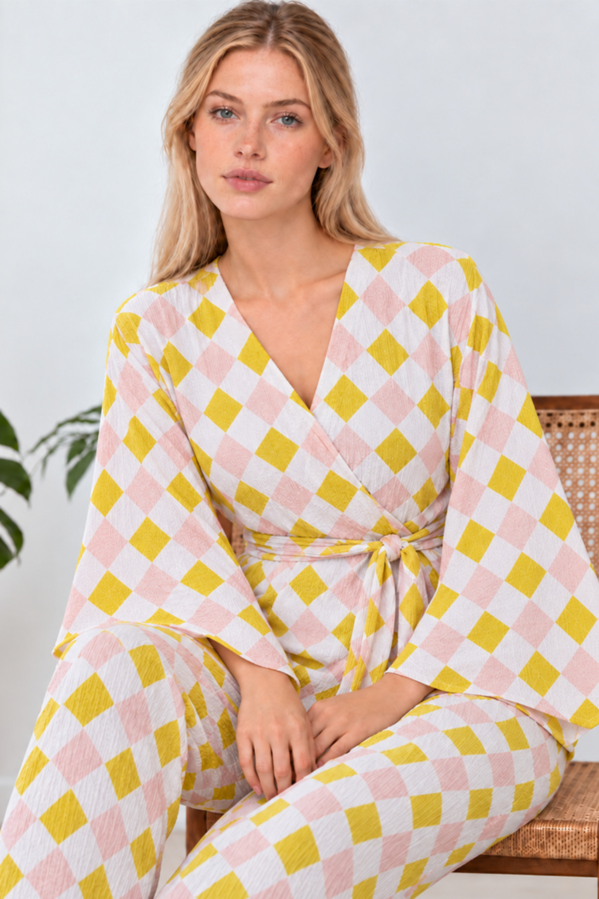 Kadın Kruvaze Kuşaklı Sarı İkili Pijama Takımı 4804 6
