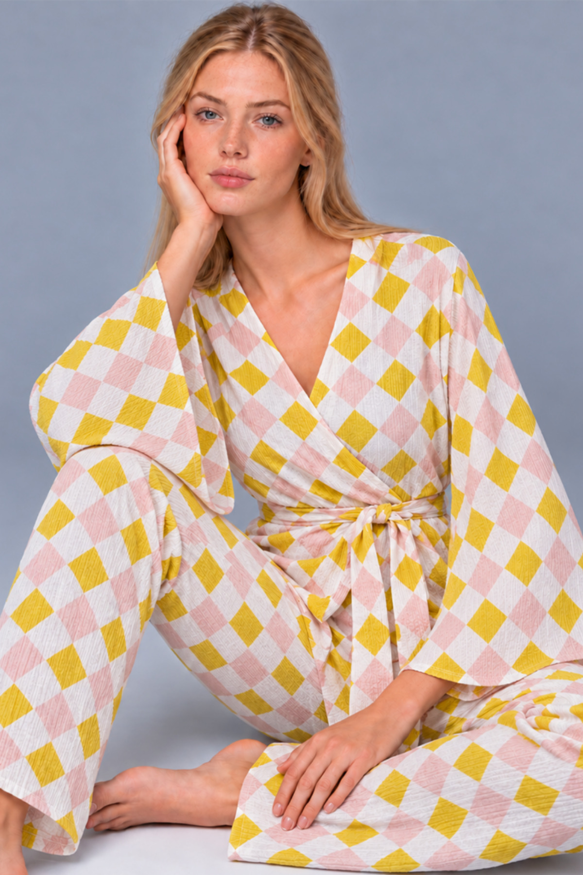 Kadın Kruvaze Kuşaklı Sarı İkili Pijama Takımı 4804 3