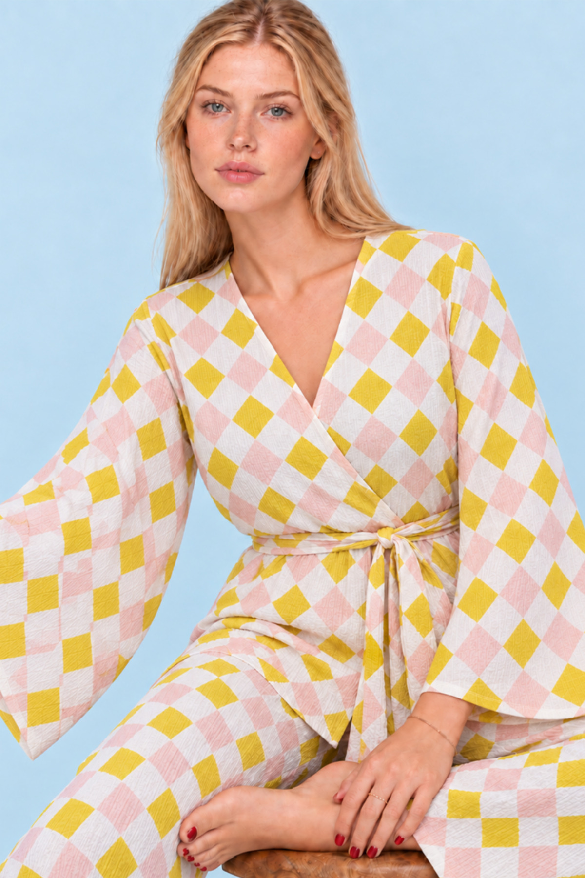 Kadın Kruvaze Kuşaklı Sarı İkili Pijama Takımı 4804 5