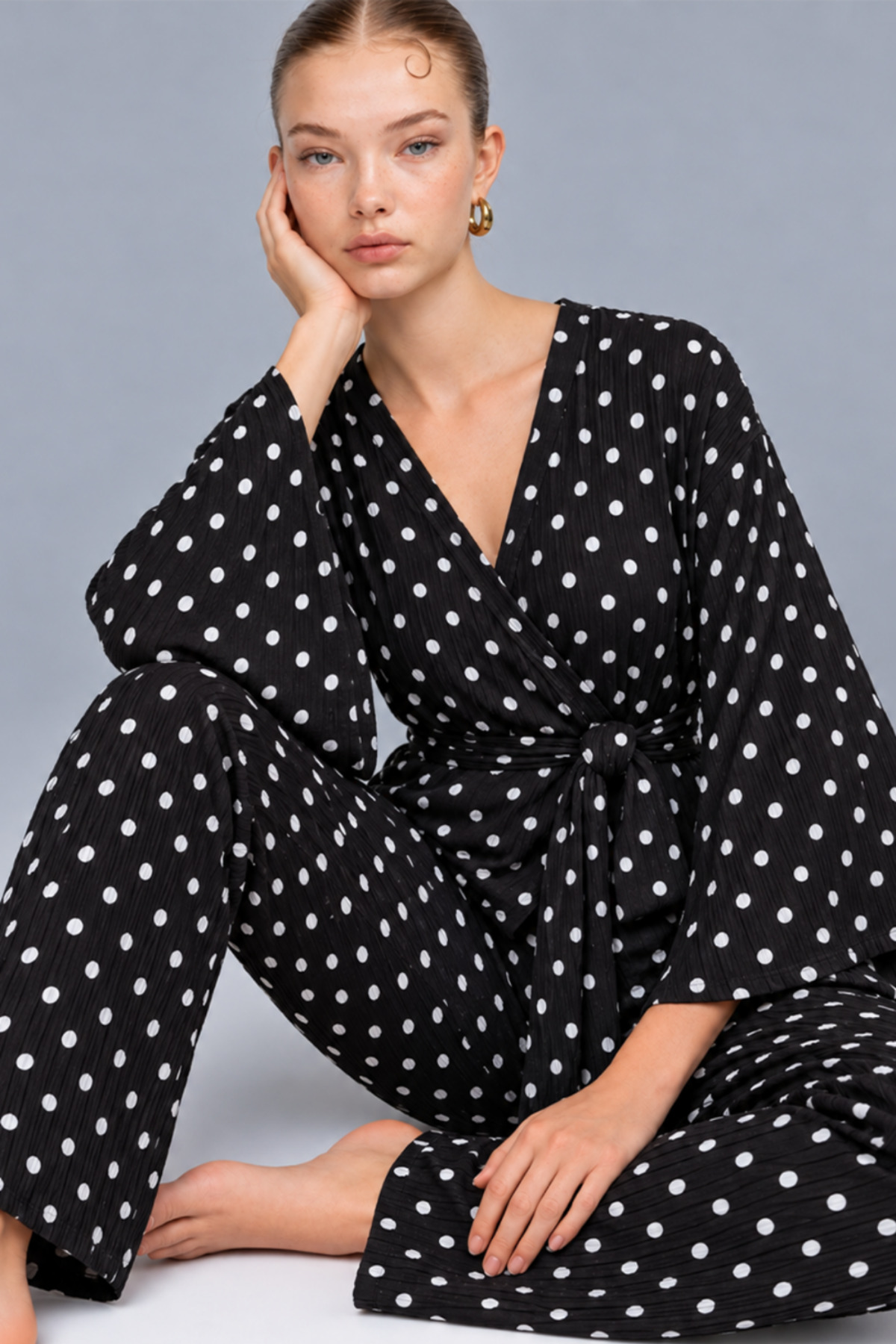 Kadın Kruvaze Kuşaklı Siyah İkili Pijama Takımı 4803 5