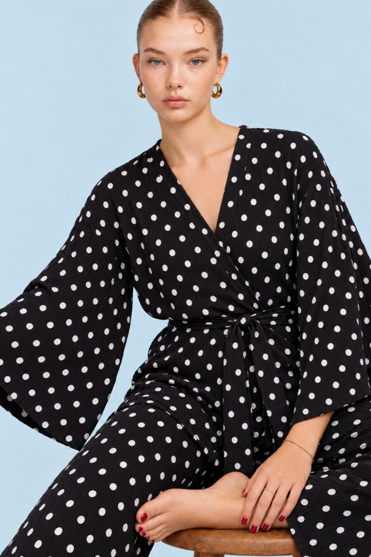 Kadın Kruvaze Kuşaklı Siyah İkili Pijama Takımı 4803 3