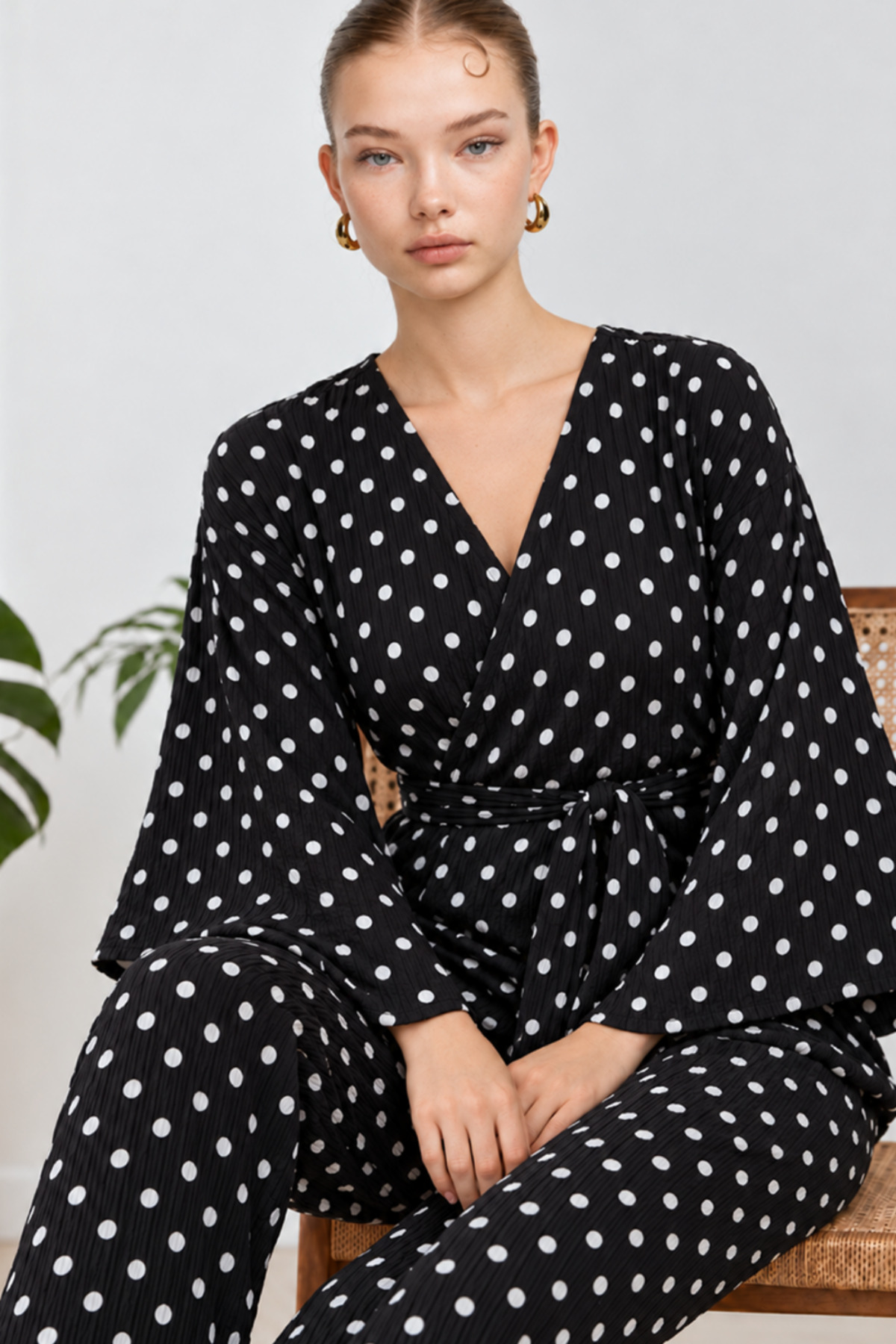 Kadın Kruvaze Kuşaklı Siyah İkili Pijama Takımı 4803 6