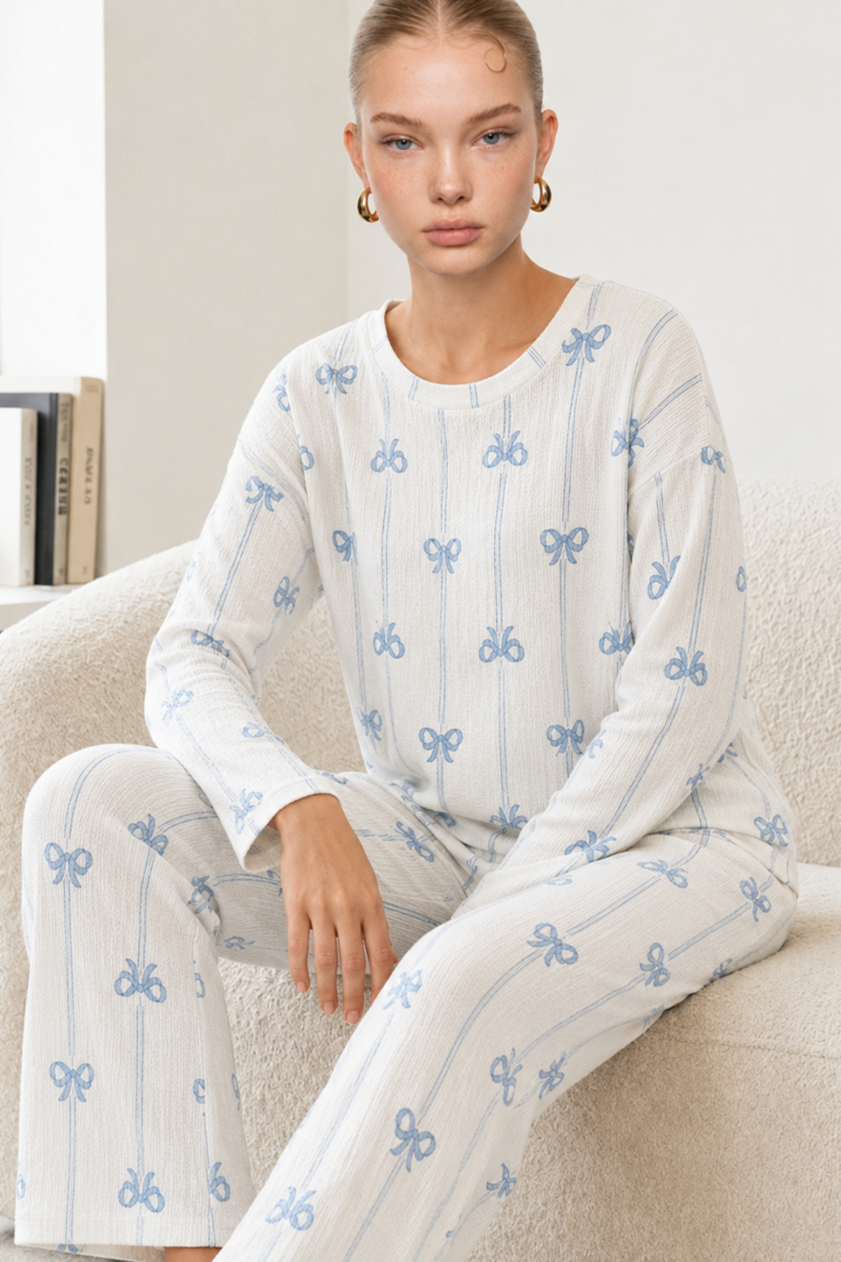 Kadın Desenli Nefes Alan Ekru Pijama Takımı 4690 4