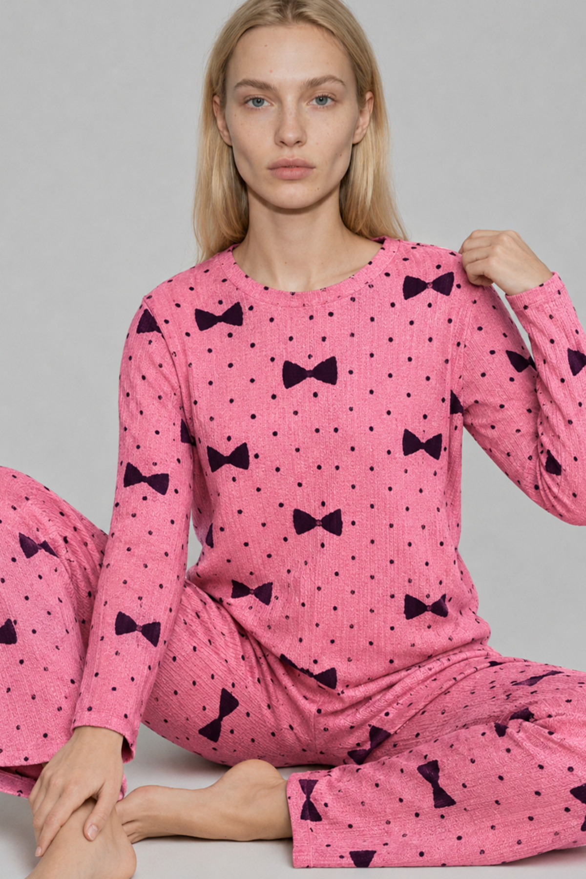 Kadın Desenli Nefes Alan Pembe Pijama Takımı 4694 4