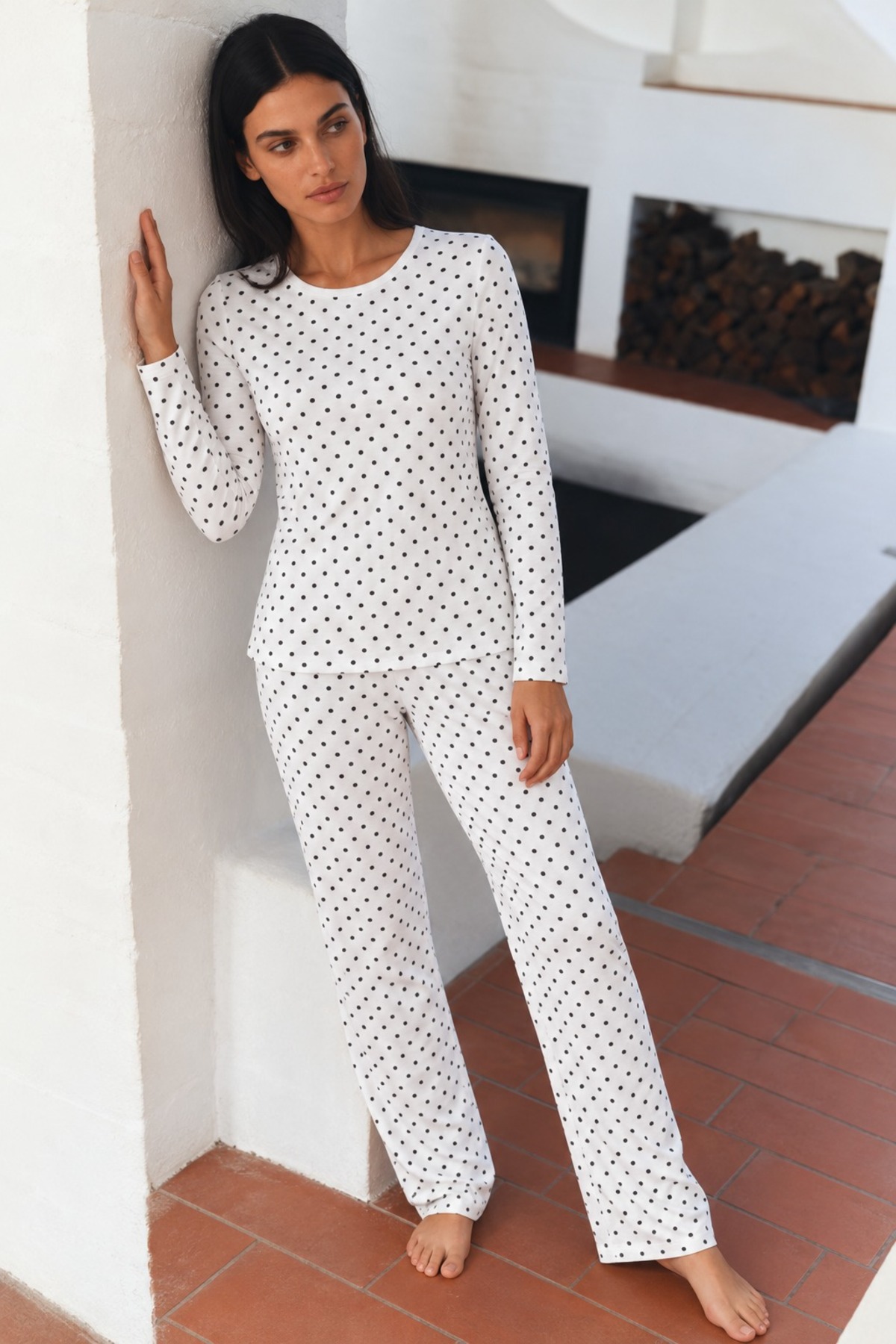 Kadın Desenli Uzun Kollu Rahat Beyaz Pijama Takımı 3