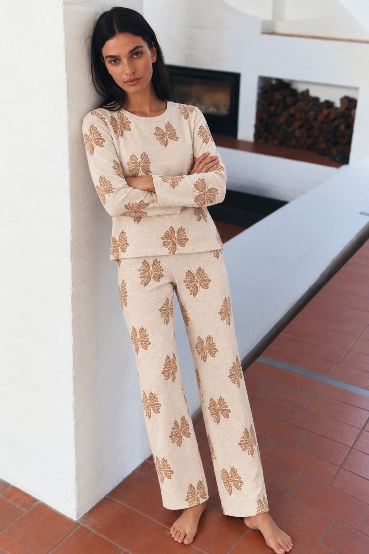 Kadın Desenli Uzun Kollu Rahat Krem Pijama Takımı 5