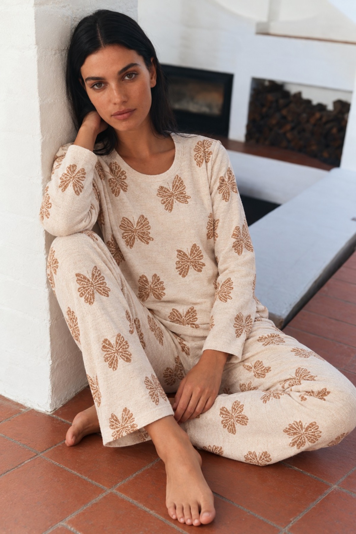 Kadın Desenli Uzun Kollu Rahat Krem Pijama Takımı 3