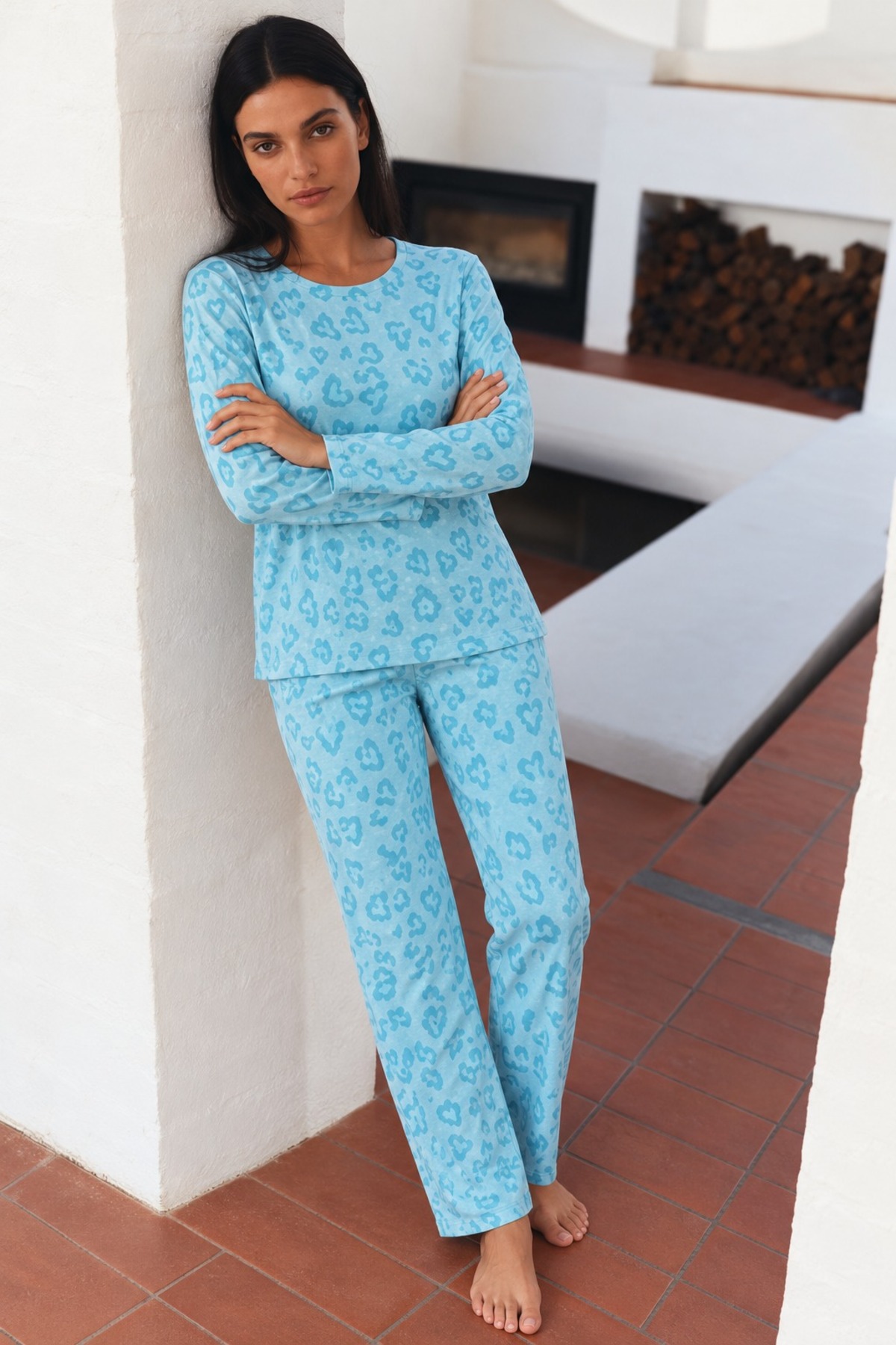 Kadın Desenli Uzun Kollu Rahat M.Yeşili Pijama Takımı Mint Yeşili 5
