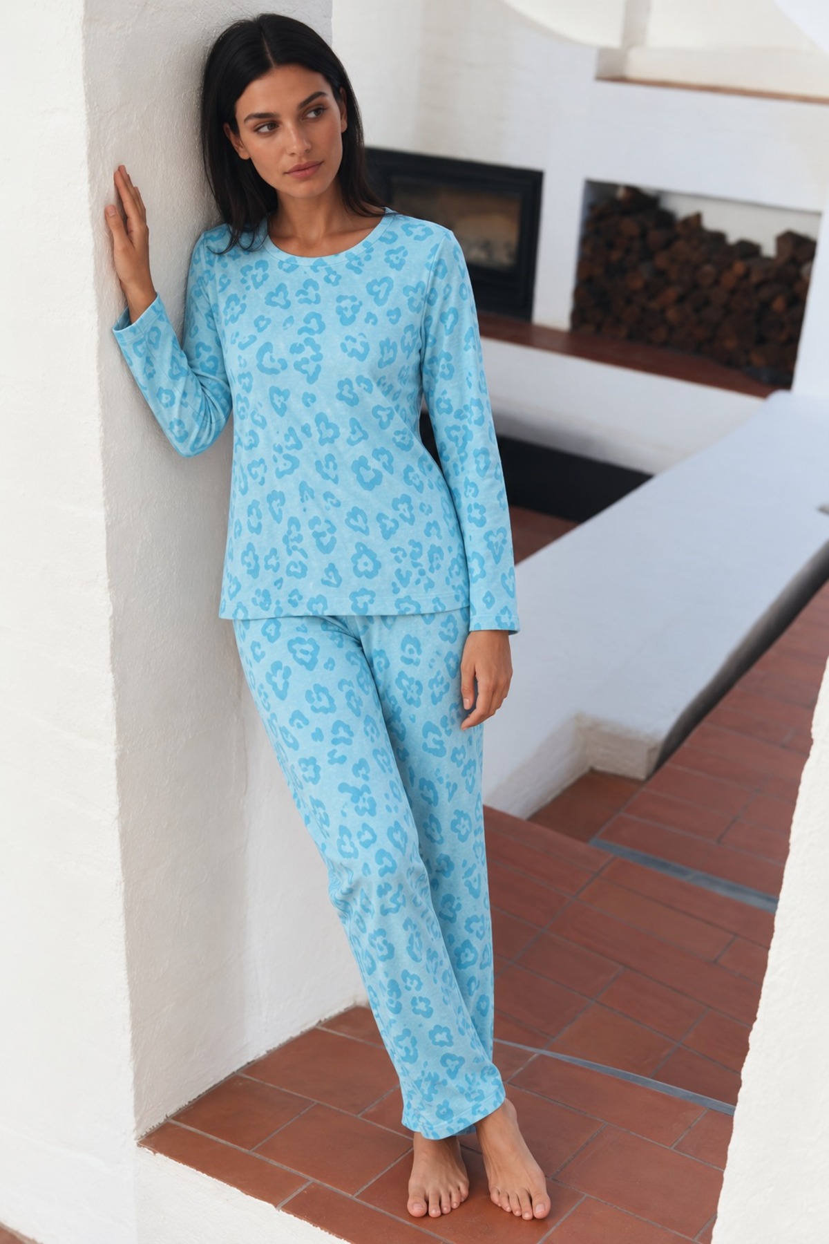 Kadın Desenli Uzun Kollu Rahat M.Yeşili Pijama Takımı Mint Yeşili 4