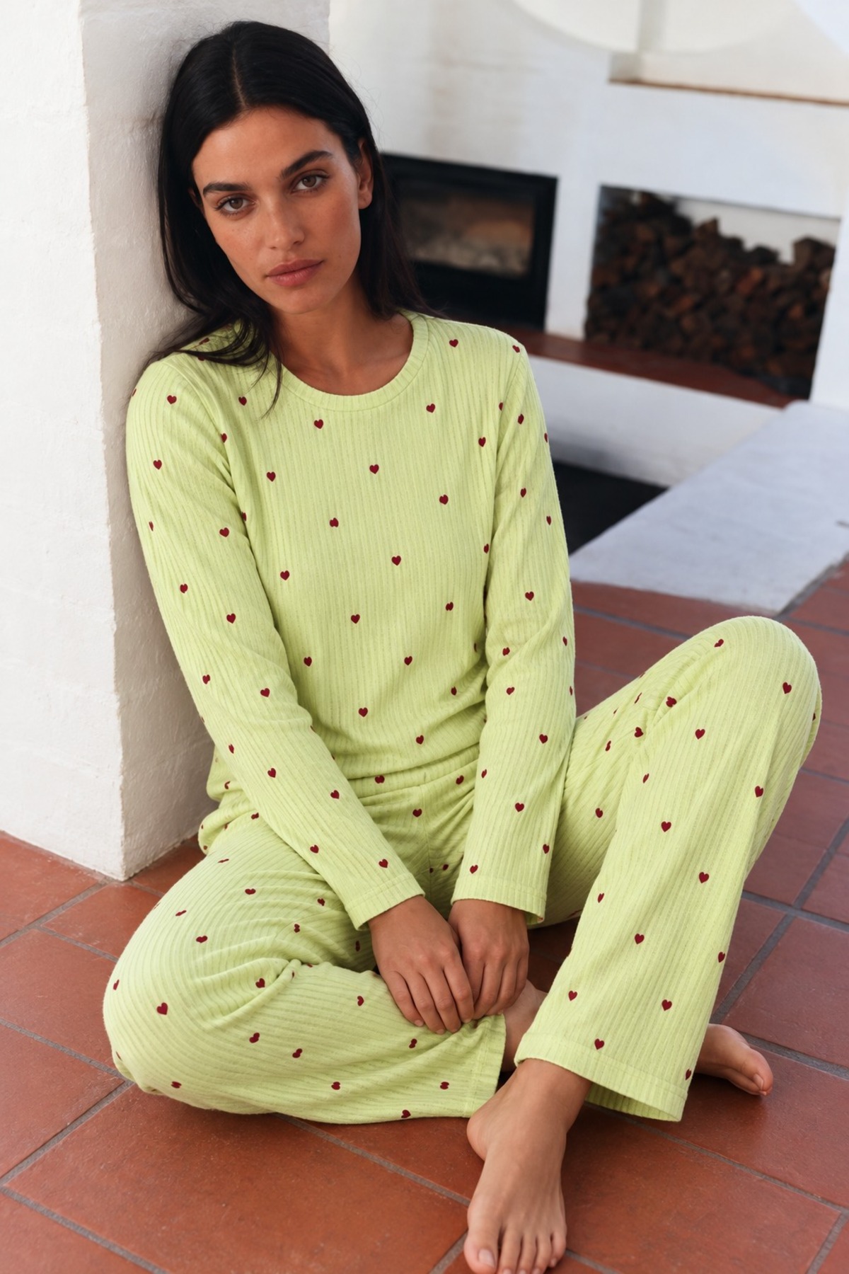 Kadın Desenli Uzun Kollu Rahat Yeşil Pijama Takımı 3