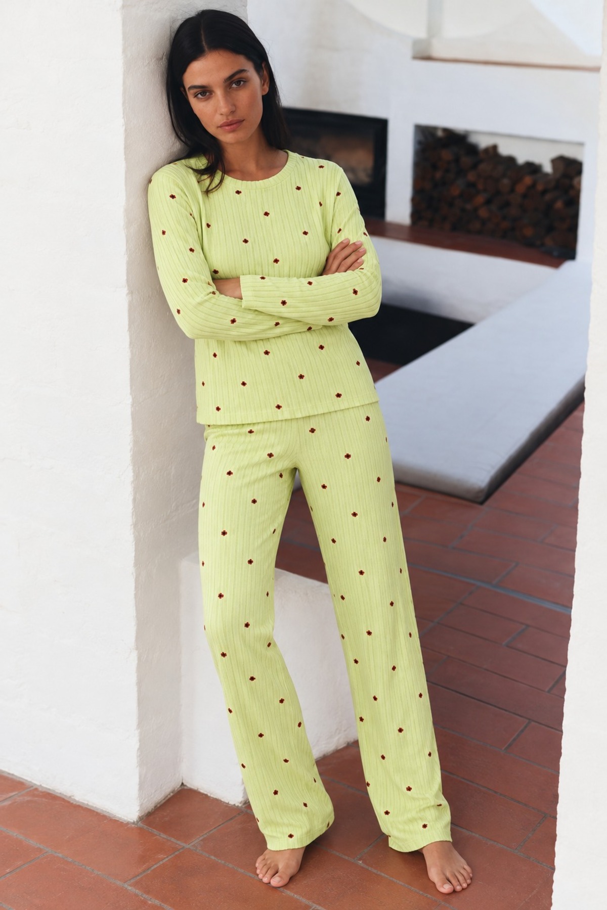 Kadın Desenli Uzun Kollu Rahat Yeşil Pijama Takımı 5
