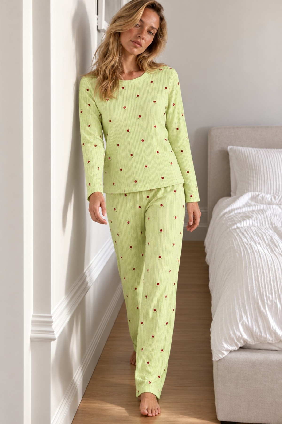 Kadın Şık Uzun Kollu Yeşil Pijama Takımı 6