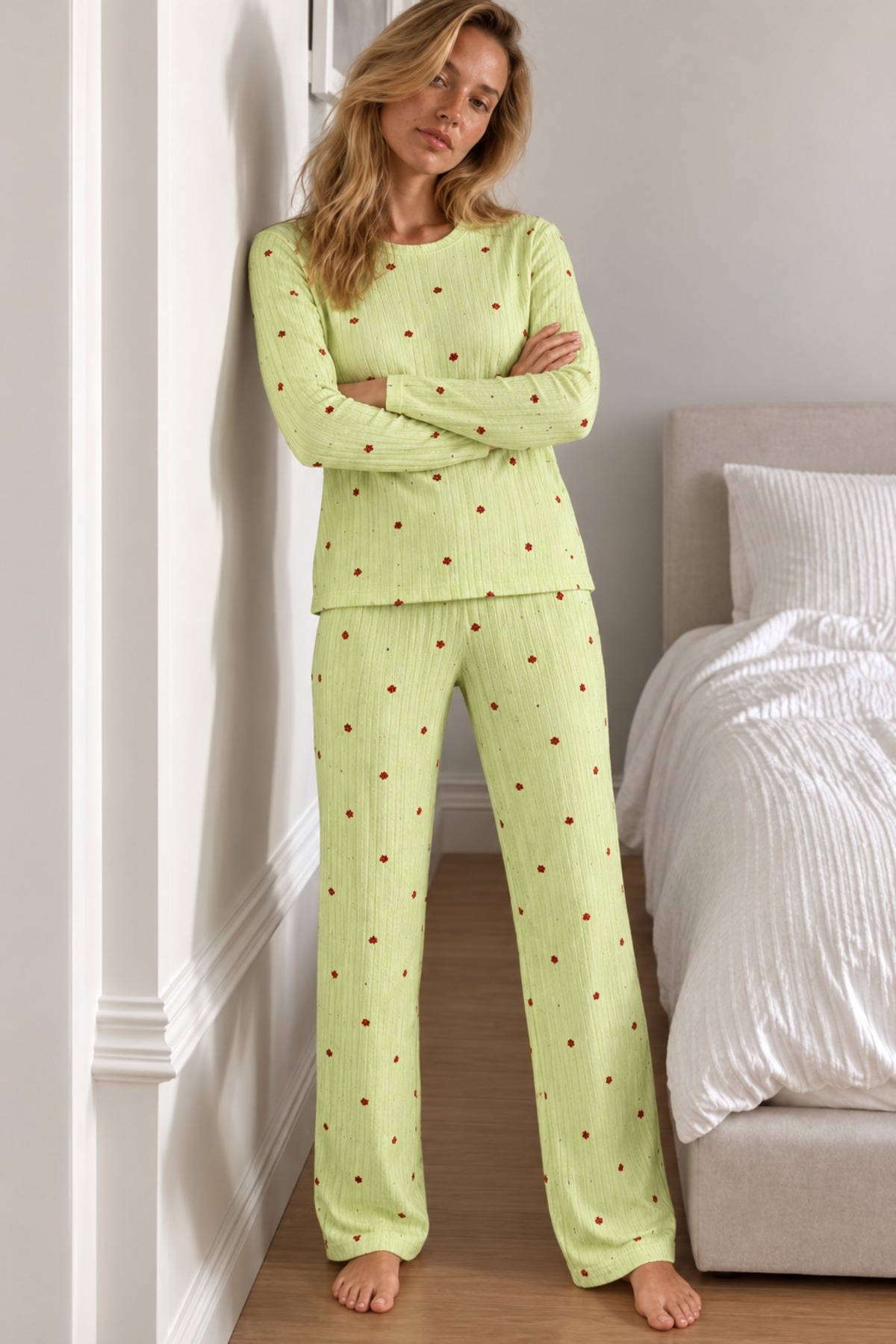 Kadın Şık Uzun Kollu Yeşil Pijama Takımı 5