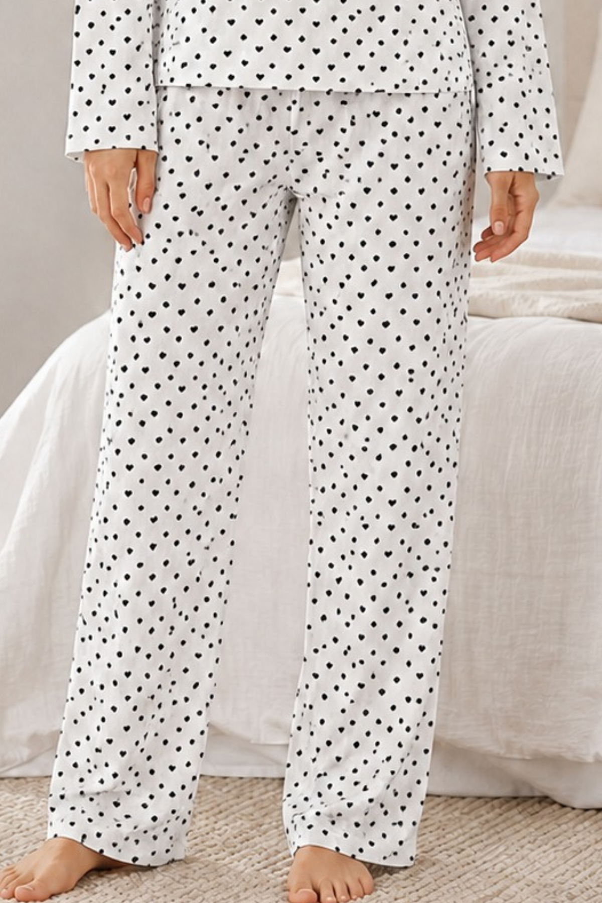 Kadın Kalpli Uzun Kol Rahat Pijama Takımı 4673 Beyaz 6