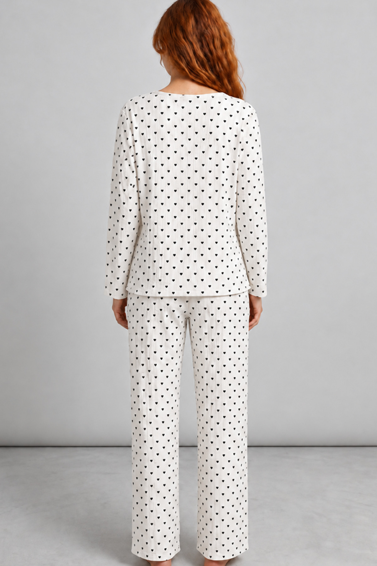 Kadın Kalpli Uzun Kol Rahat Pijama Takımı 4673 Beyaz 5