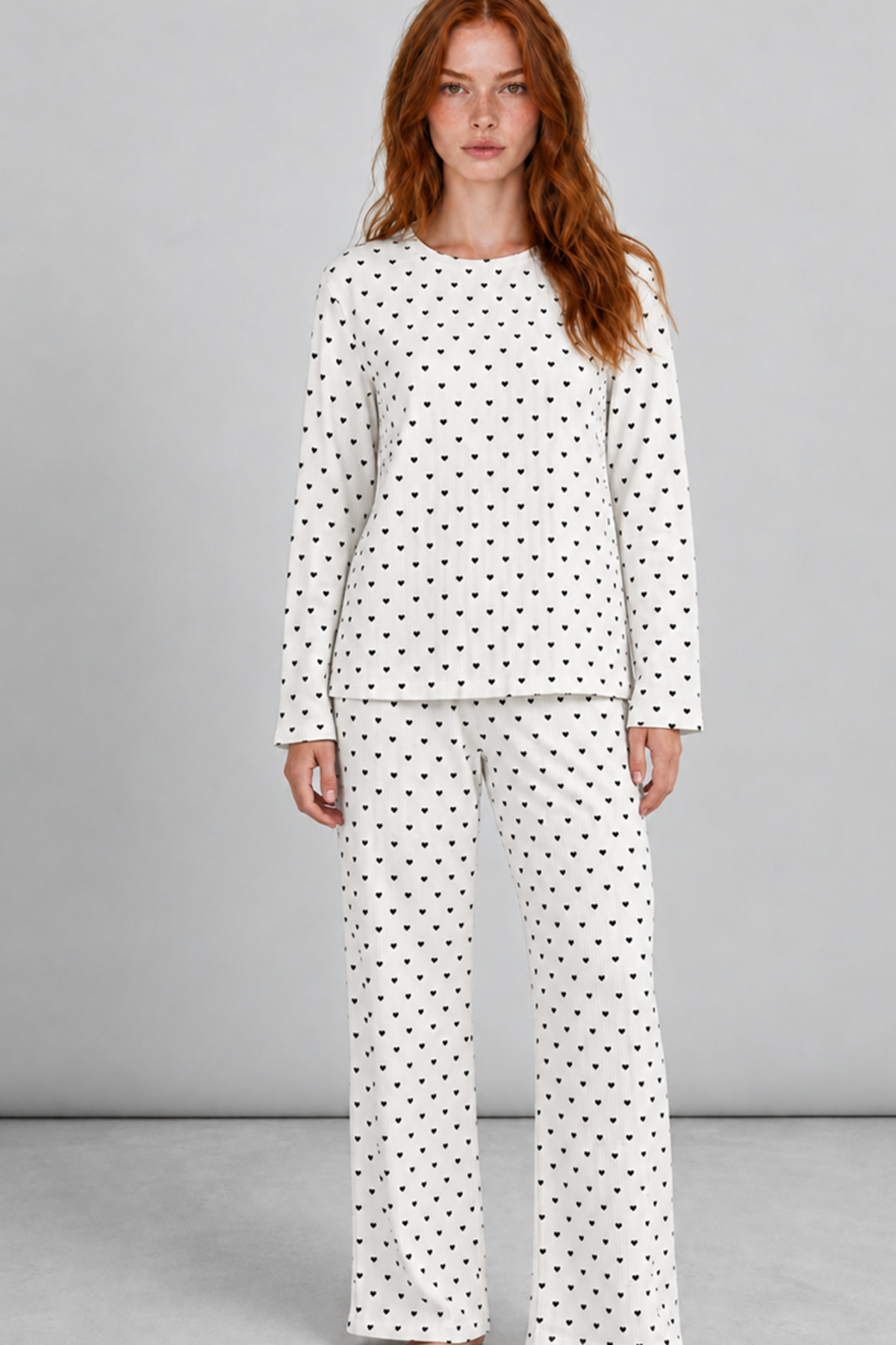Kadın Kalpli Uzun Kol Rahat Pijama Takımı 4673 Beyaz 4