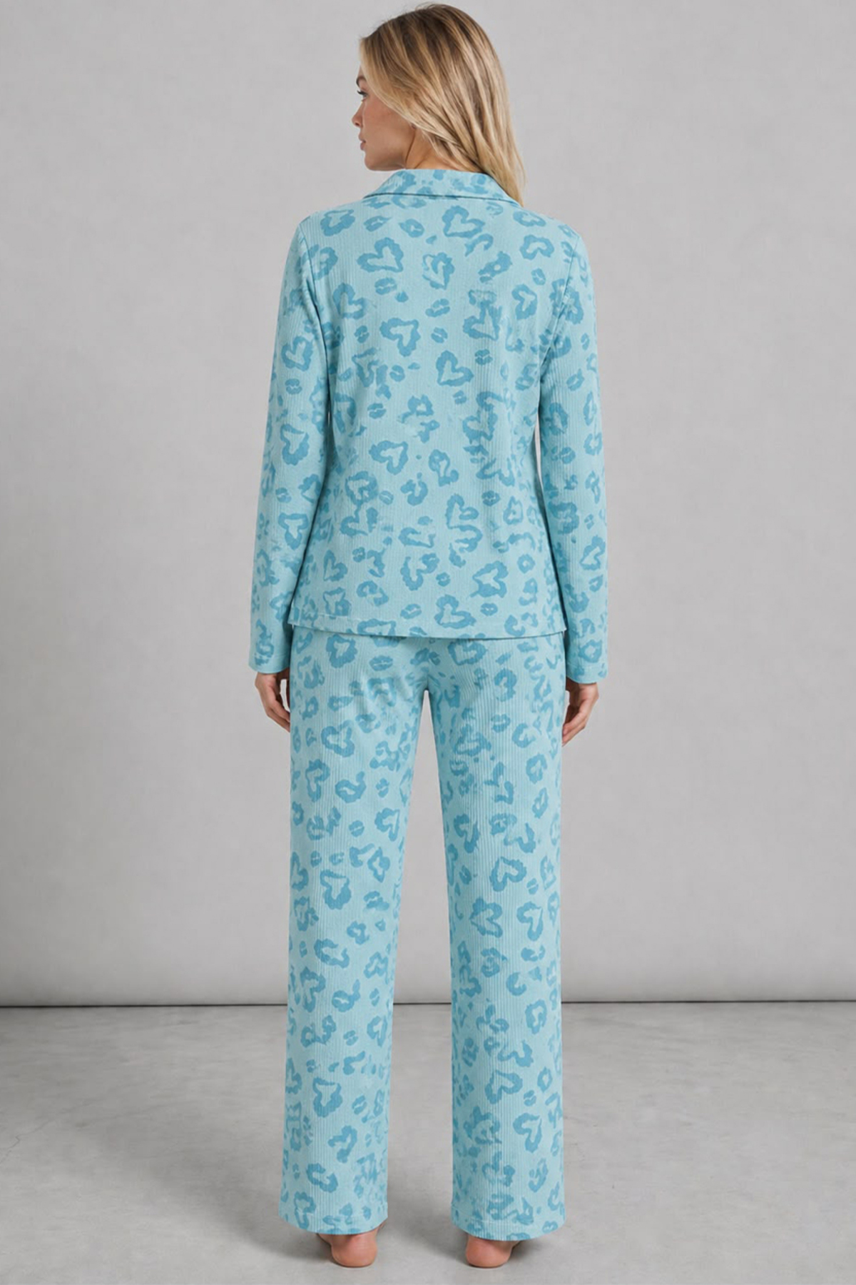 Kadın Desenli Uzun Kollu Mint Yeşili Pijama Takımı 4760 4