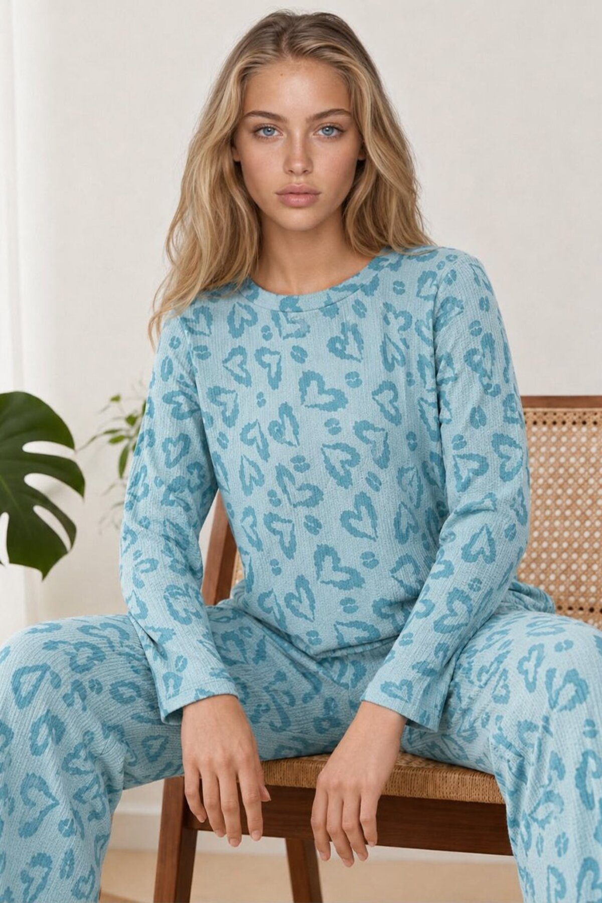 Kadın Desenli Uzun Kollu Mint Yeşili Pijama Takımı 4760 5