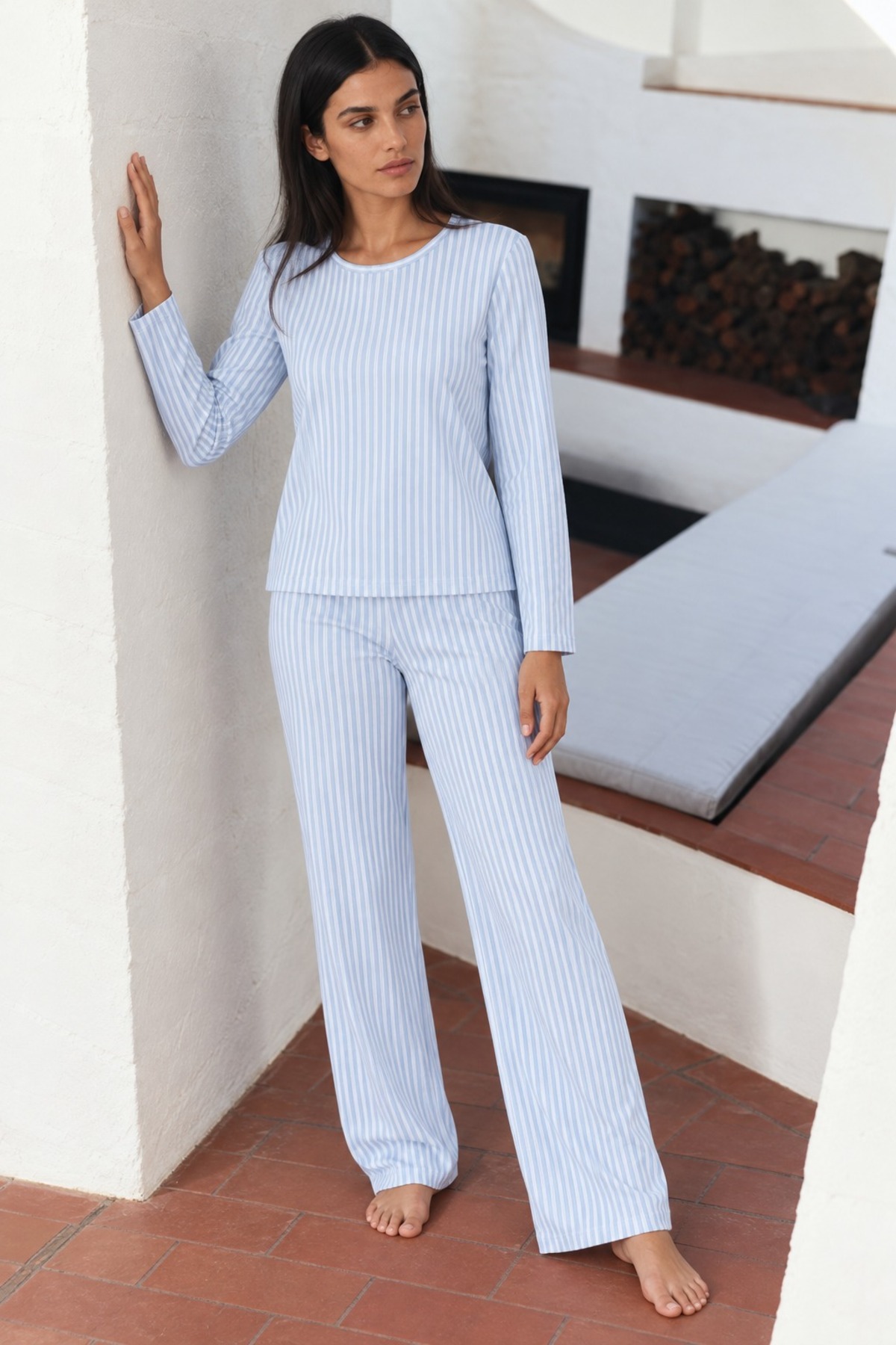 Kadın Çizgili Regular Şık Mavi Pijama Takımı 3