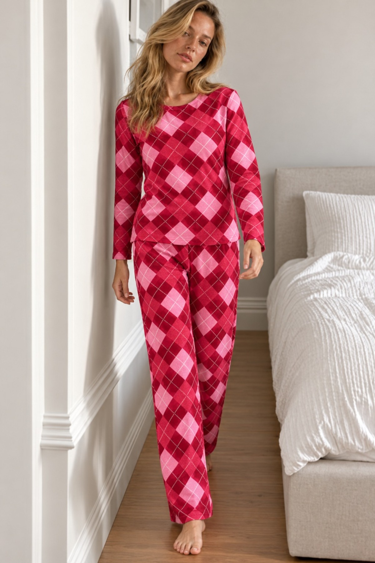 Kadın Çizgili Comfort Fit Kırmızı Pijama Takımı 6