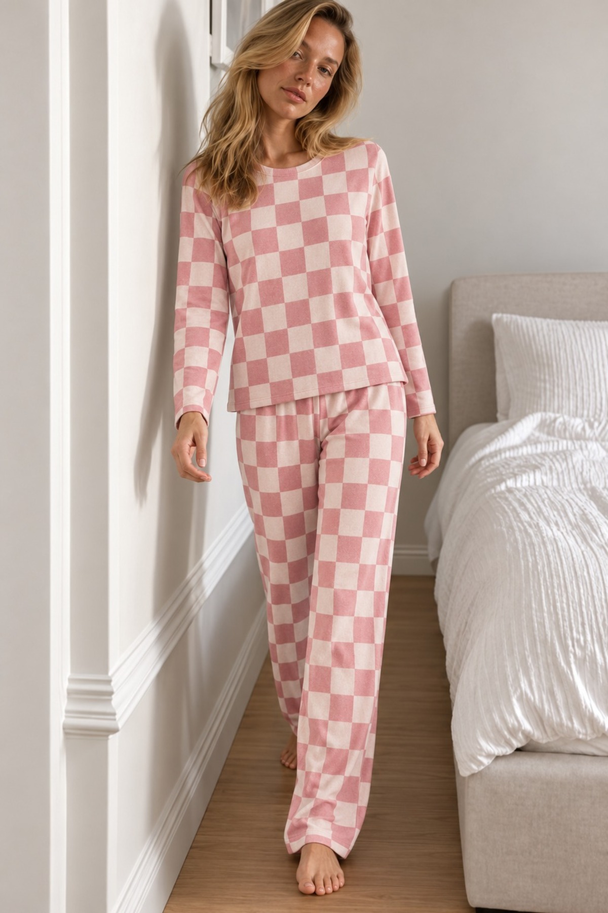 Kadın Çizgili Comfort Fit Pembe Pijama Takımı 6