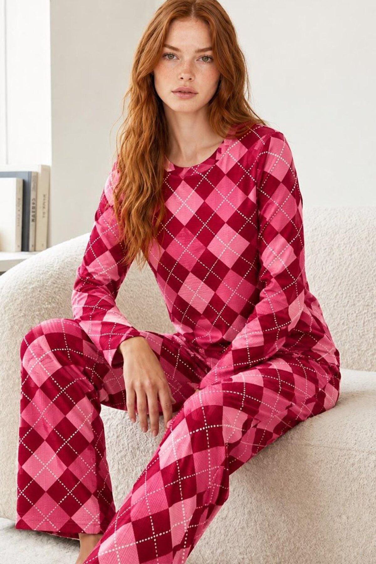 Kadın Çizgili Regular Fit Kırmızı Pijama Takımı 4766 4