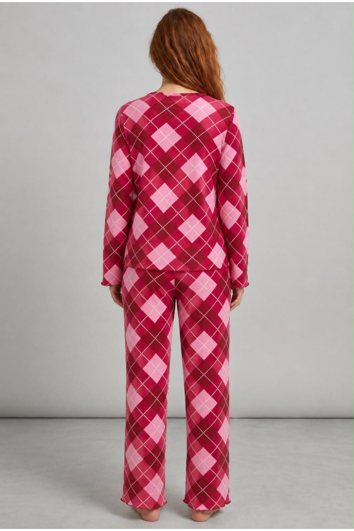 Kadın Çizgili Regular Fit Kırmızı Pijama Takımı 4766 5