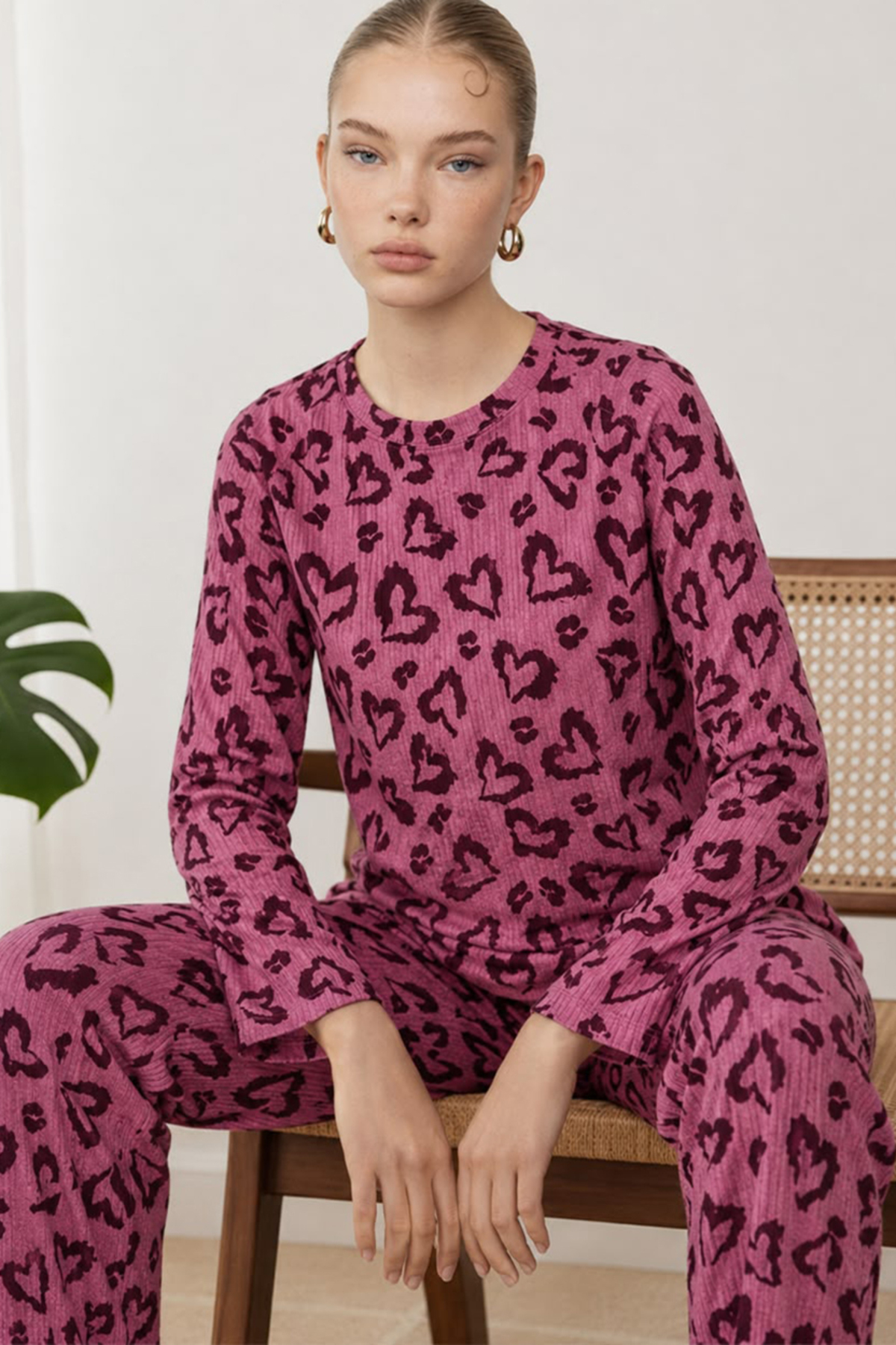 Kadın Çizgili Regular Fit Lila Pijama Takımı 4764 4