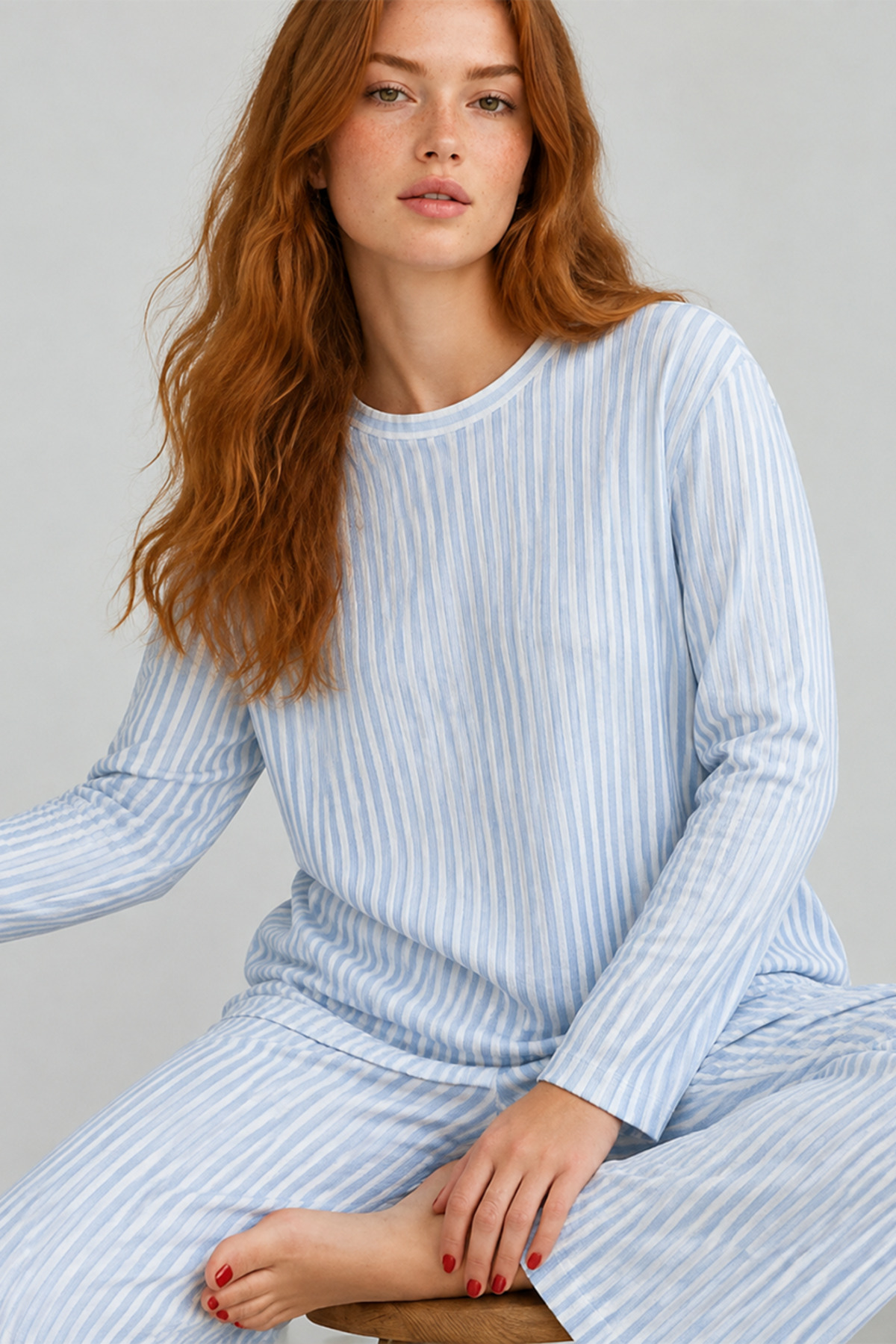 Kadın Çizgili Regular Fit Mavi Pijama Takımı 4687 4