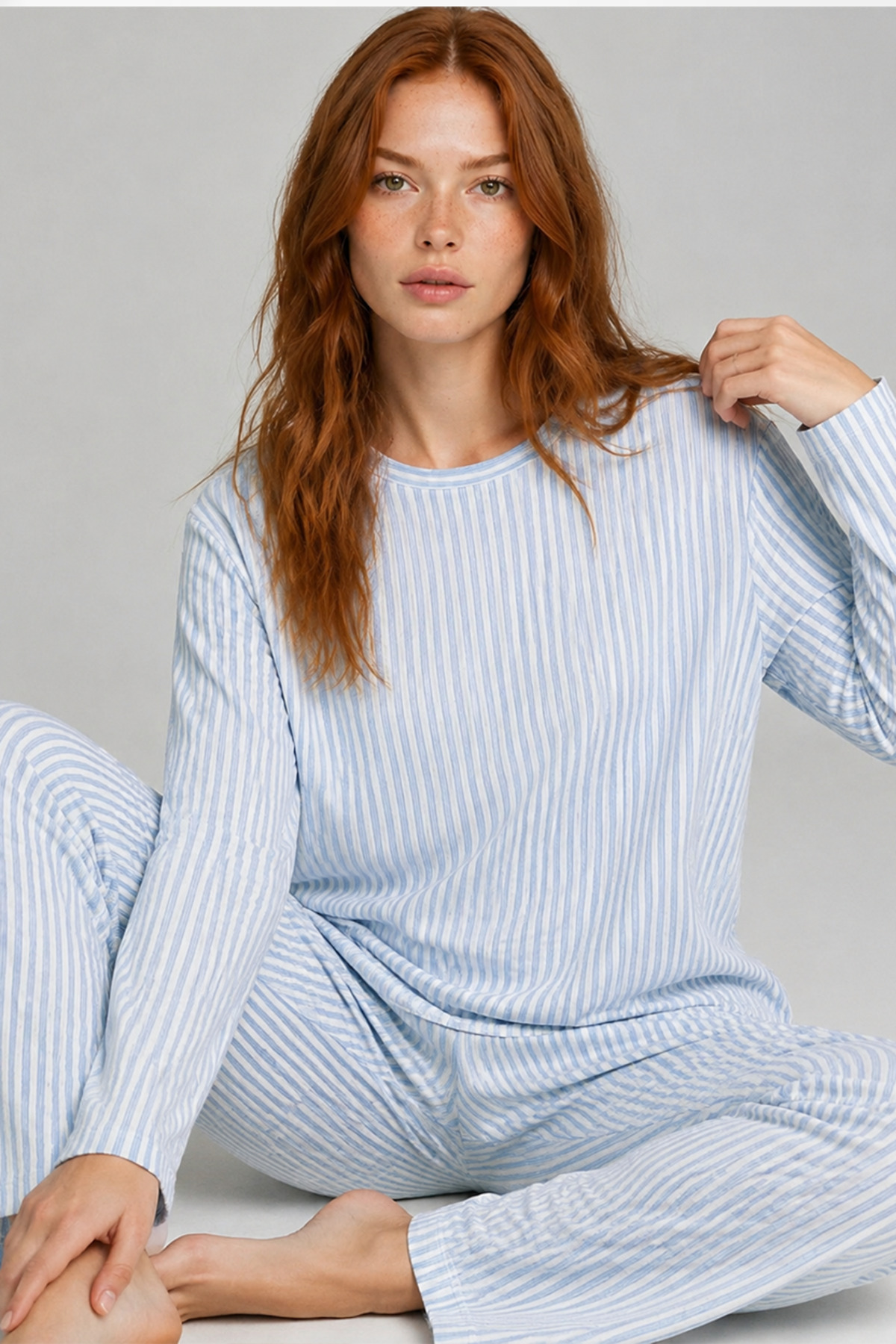 Kadın Çizgili Regular Fit Mavi Pijama Takımı 4687 5