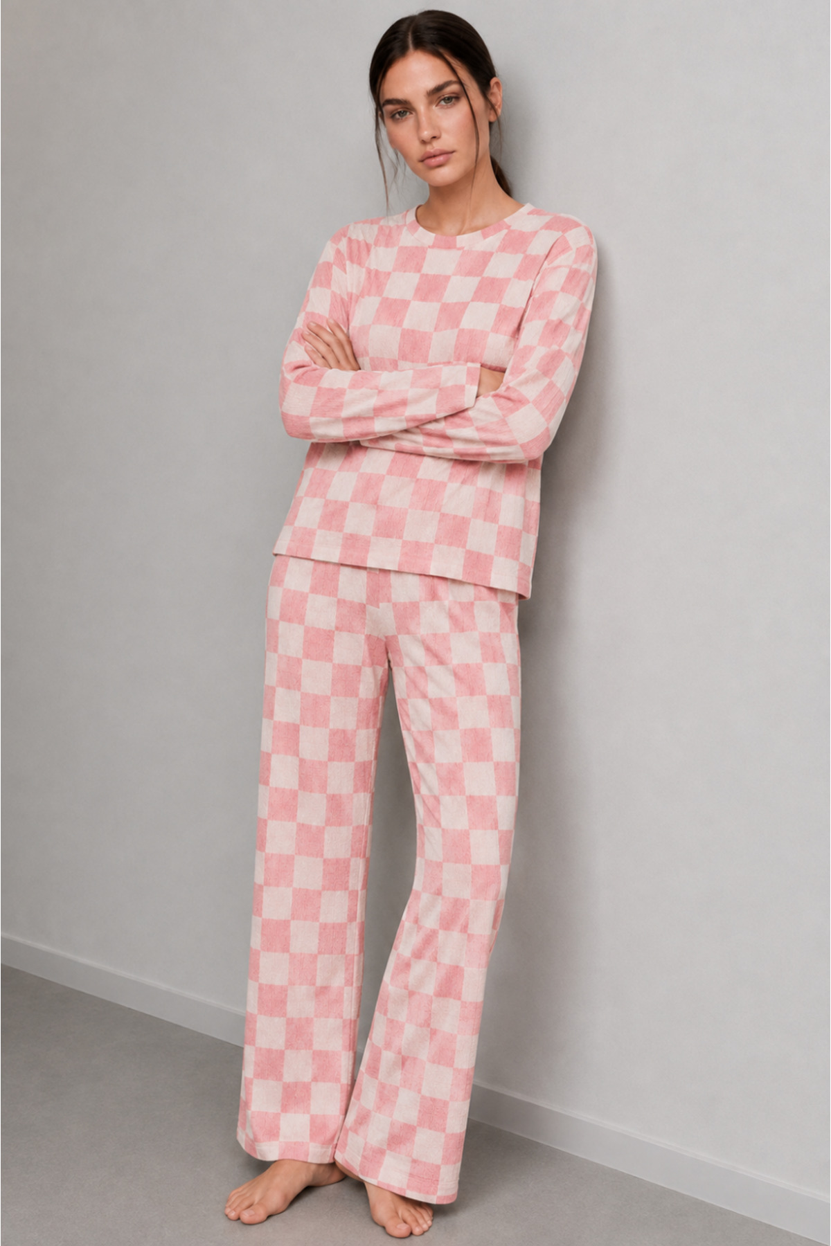 Kadın Çizgili Regular Fit Pembe Pijama Takımı 4691 4