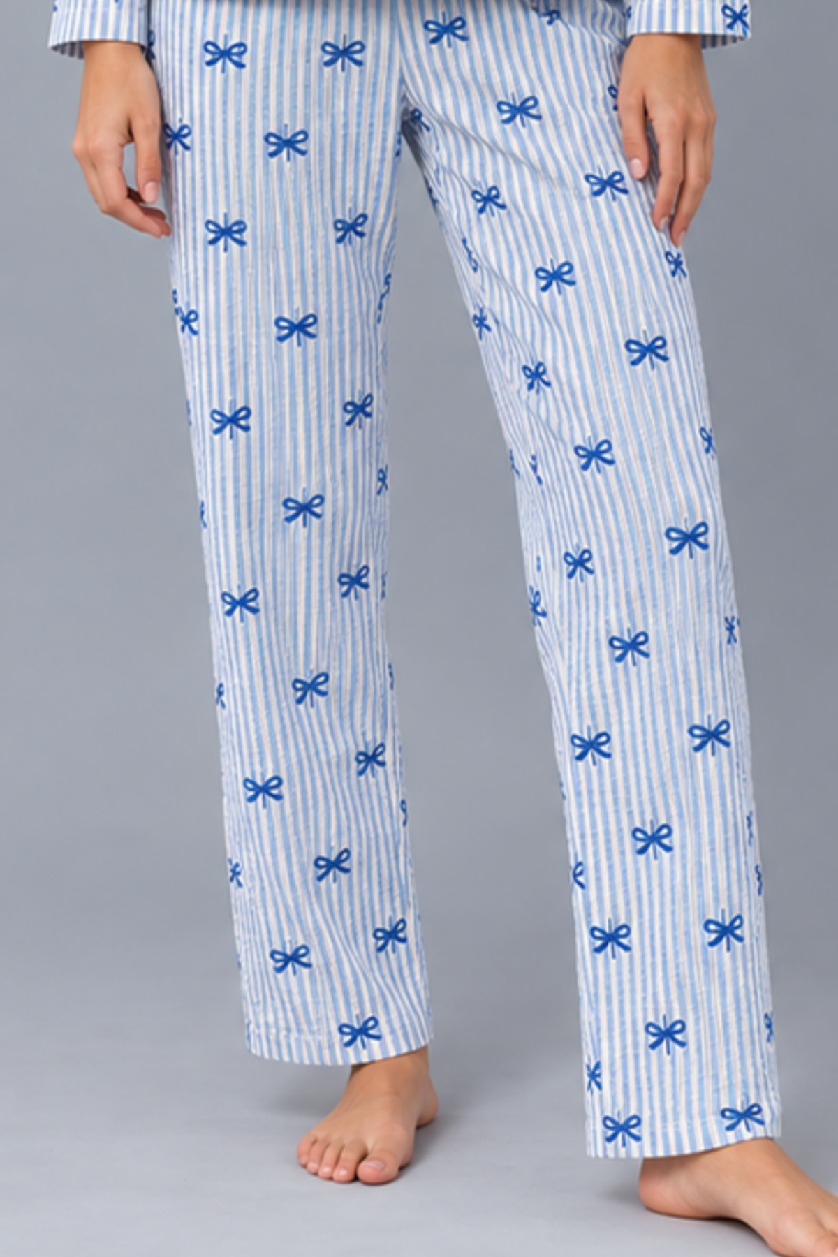 Kadın Gömlek Yaka Desenli Mavi Pijama Takımı 4816 5