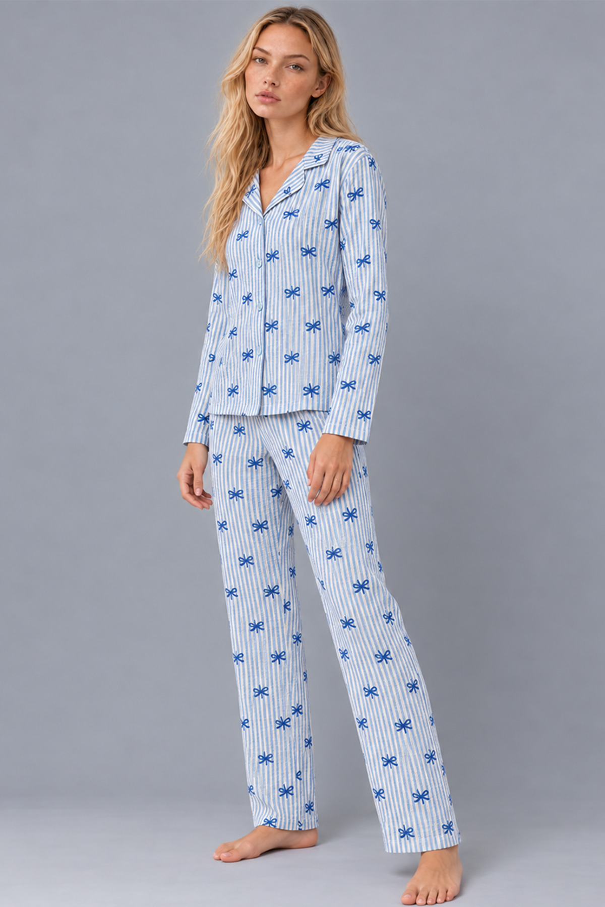 Kadın Gömlek Yaka Desenli Mavi Pijama Takımı 4816 3