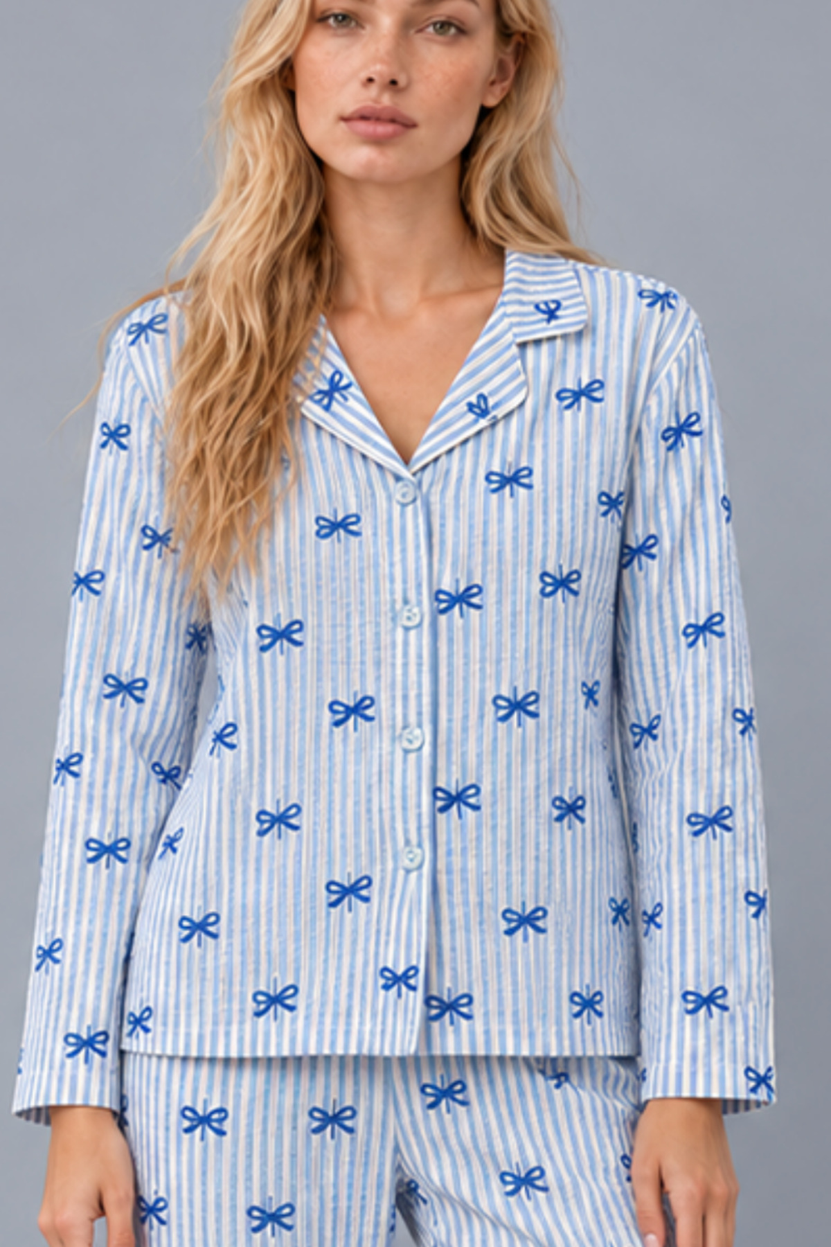 Kadın Gömlek Yaka Desenli Mavi Pijama Takımı 4816 6