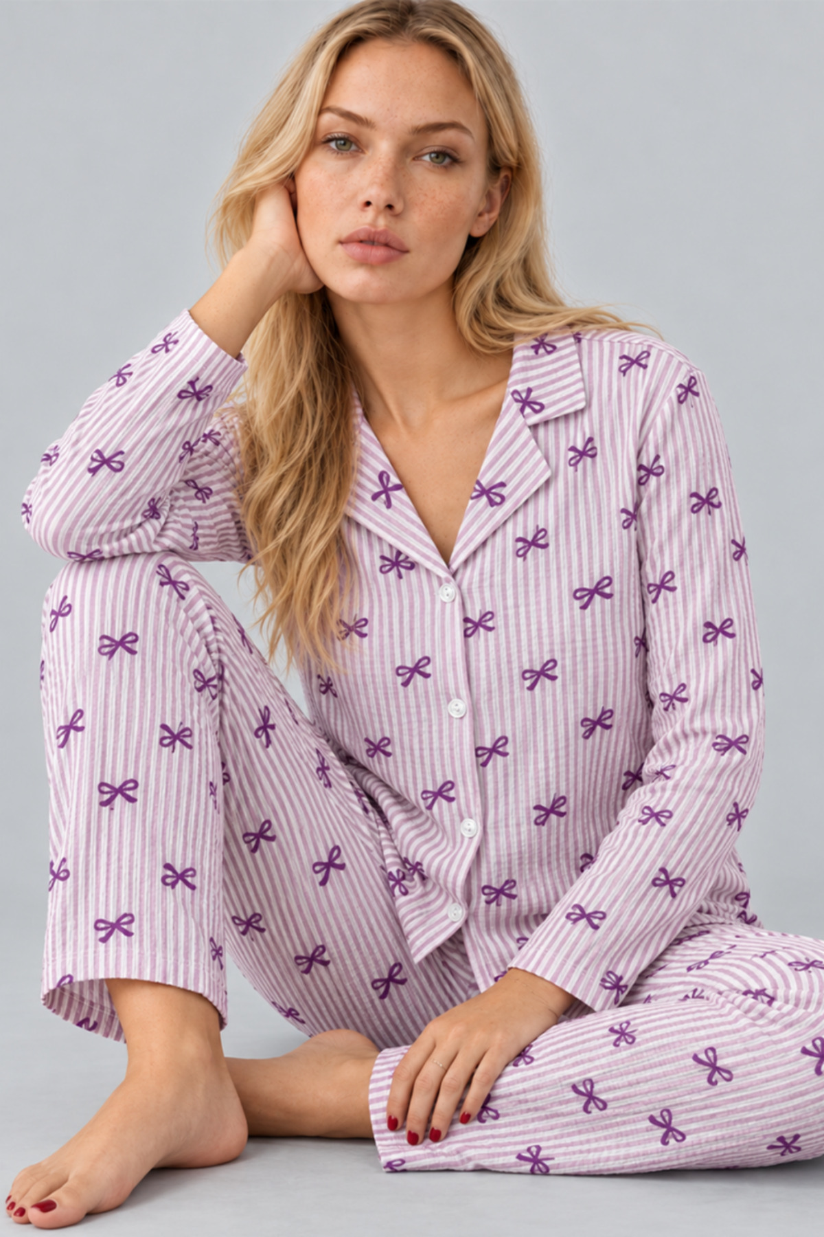 Kadın Gömlek Yaka Desenli İkili Mor Pijama Takımı 4810 5