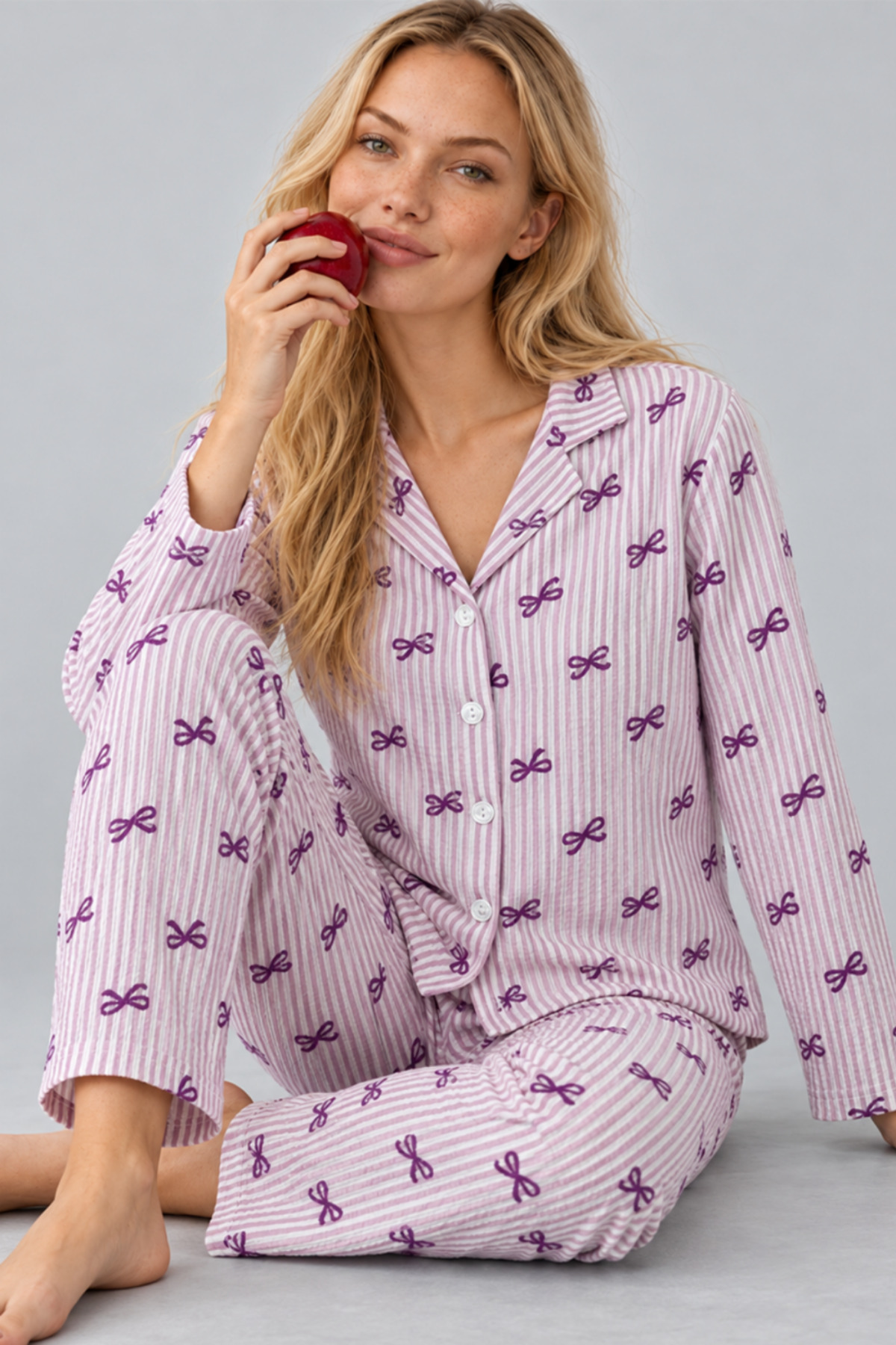 Kadın Gömlek Yaka Desenli İkili Mor Pijama Takımı 4810 3