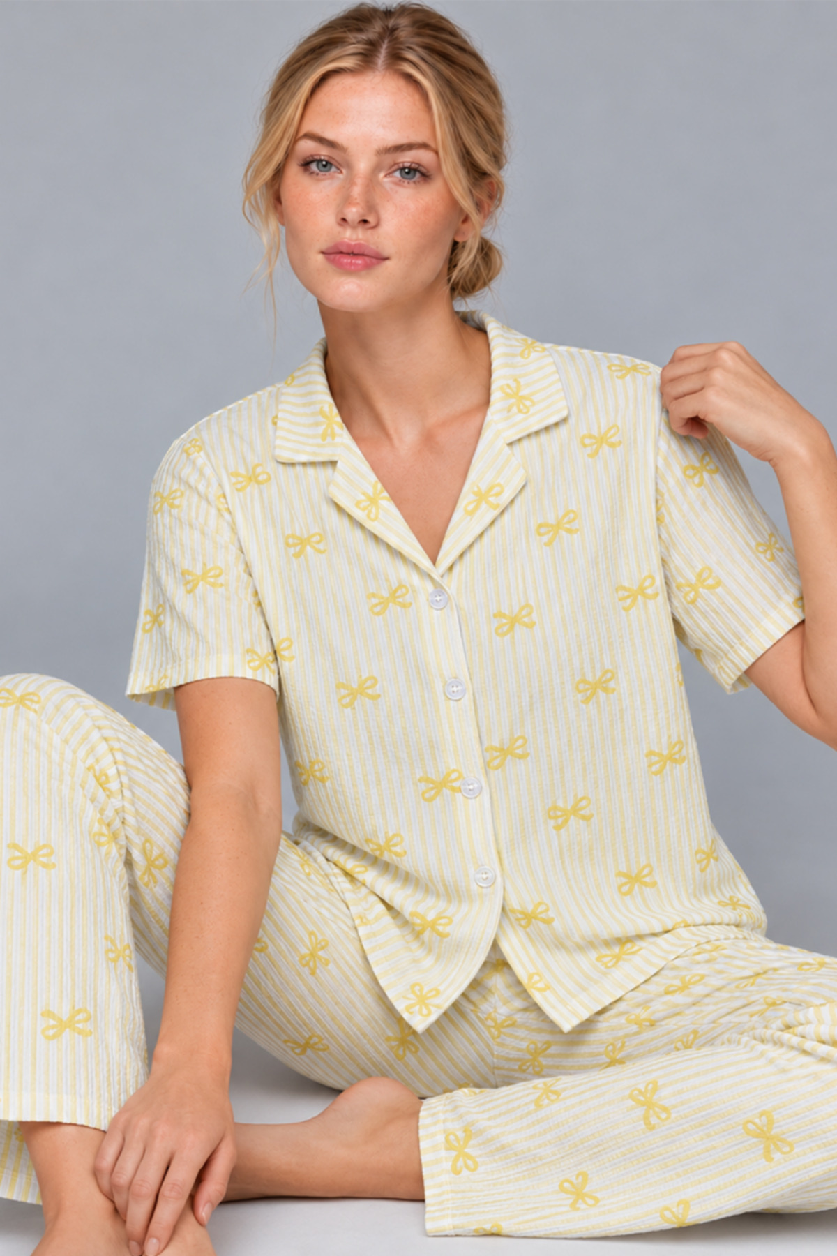 Kadın Gömlek Yaka Desenli İkili Sarı Pijama Takımı 4795 3