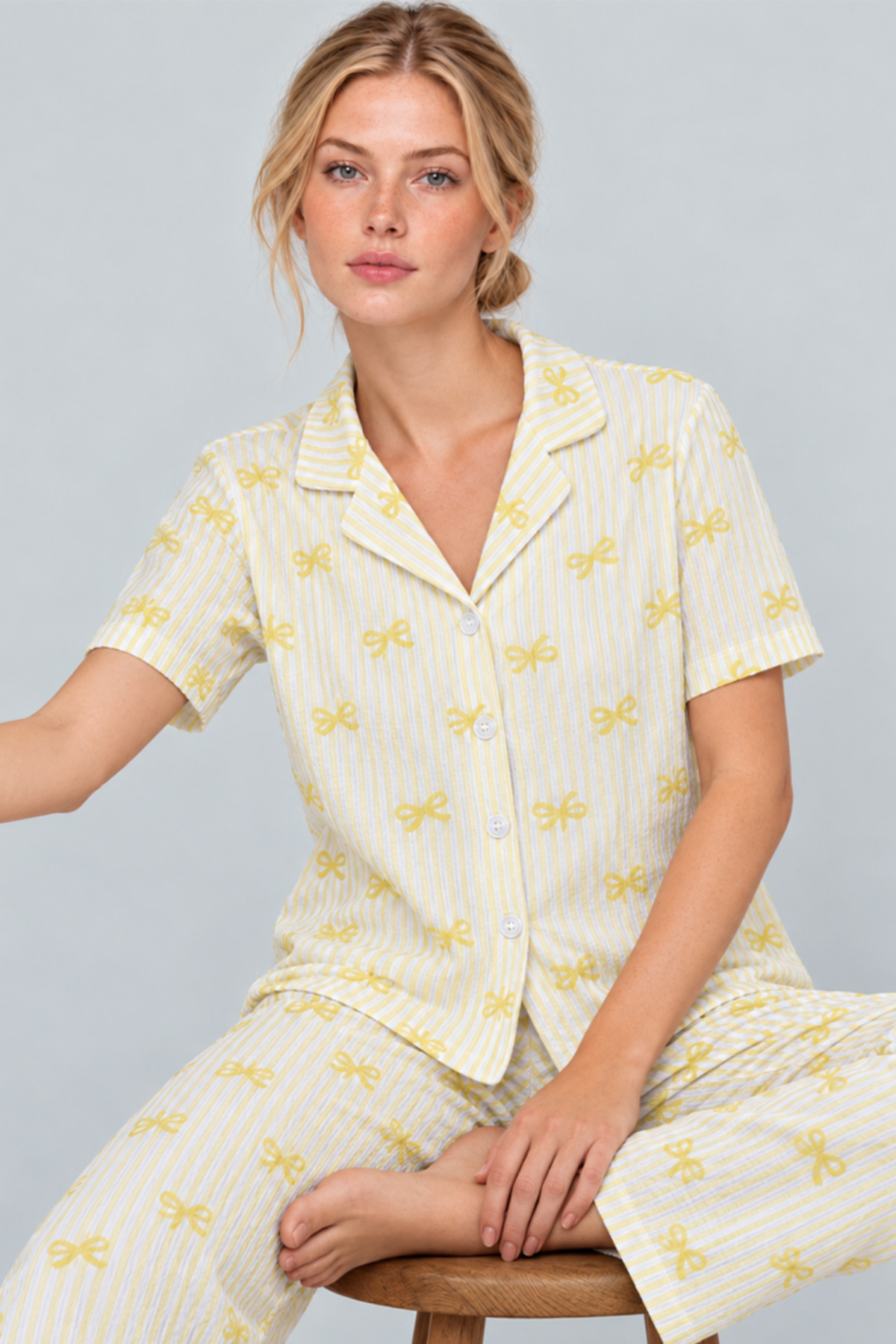 Kadın Gömlek Yaka Desenli İkili Sarı Pijama Takımı 4795 5