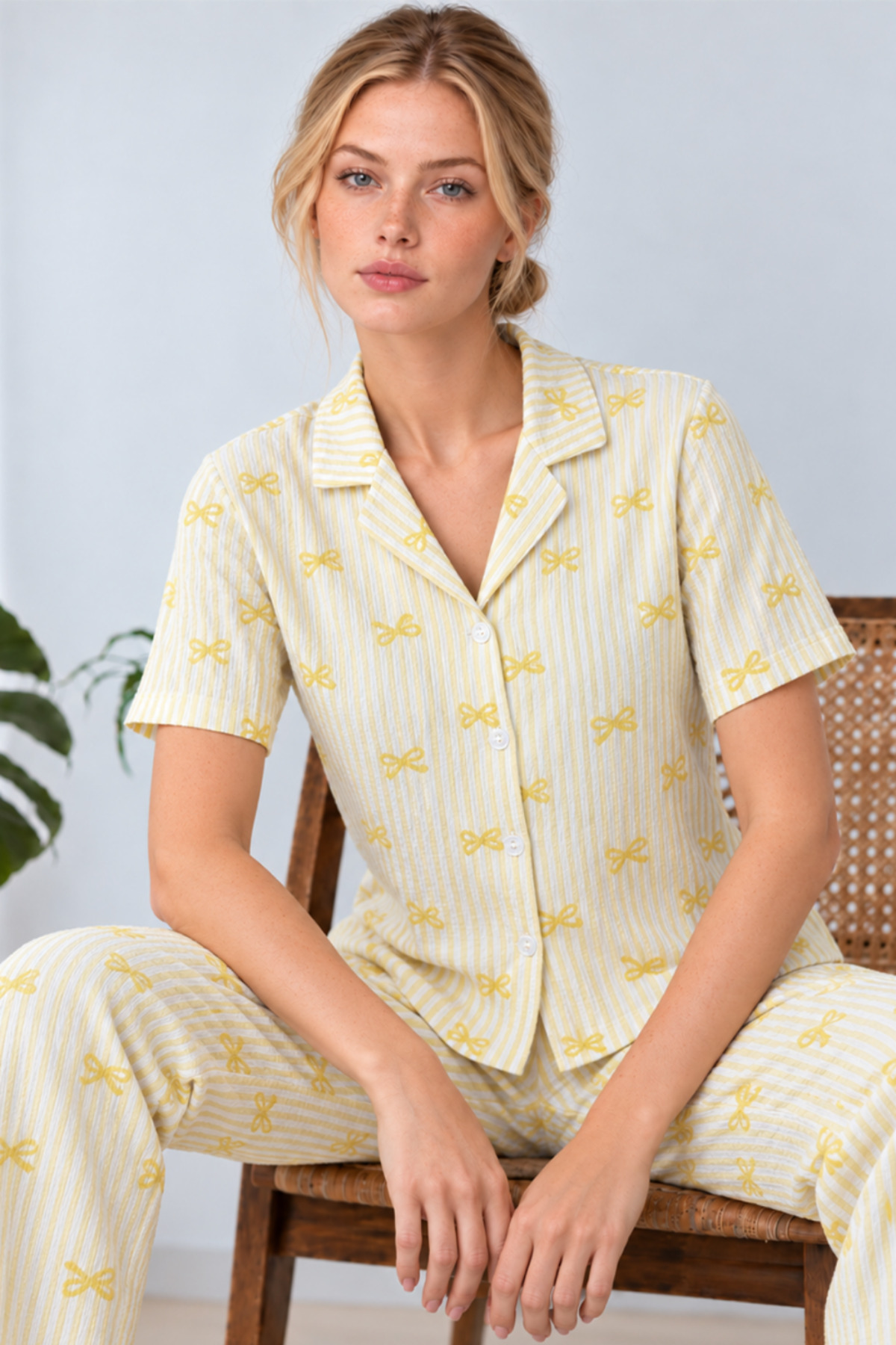 Kadın Gömlek Yaka Desenli İkili Sarı Pijama Takımı 4795 6