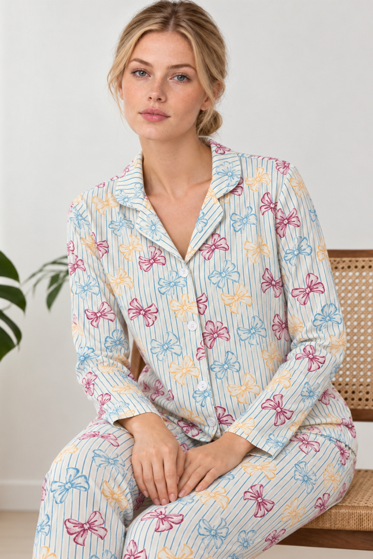 Kadın Kurdela Desenli Bol Renkli Pijama Takımı 4798 Çok Renkli 5