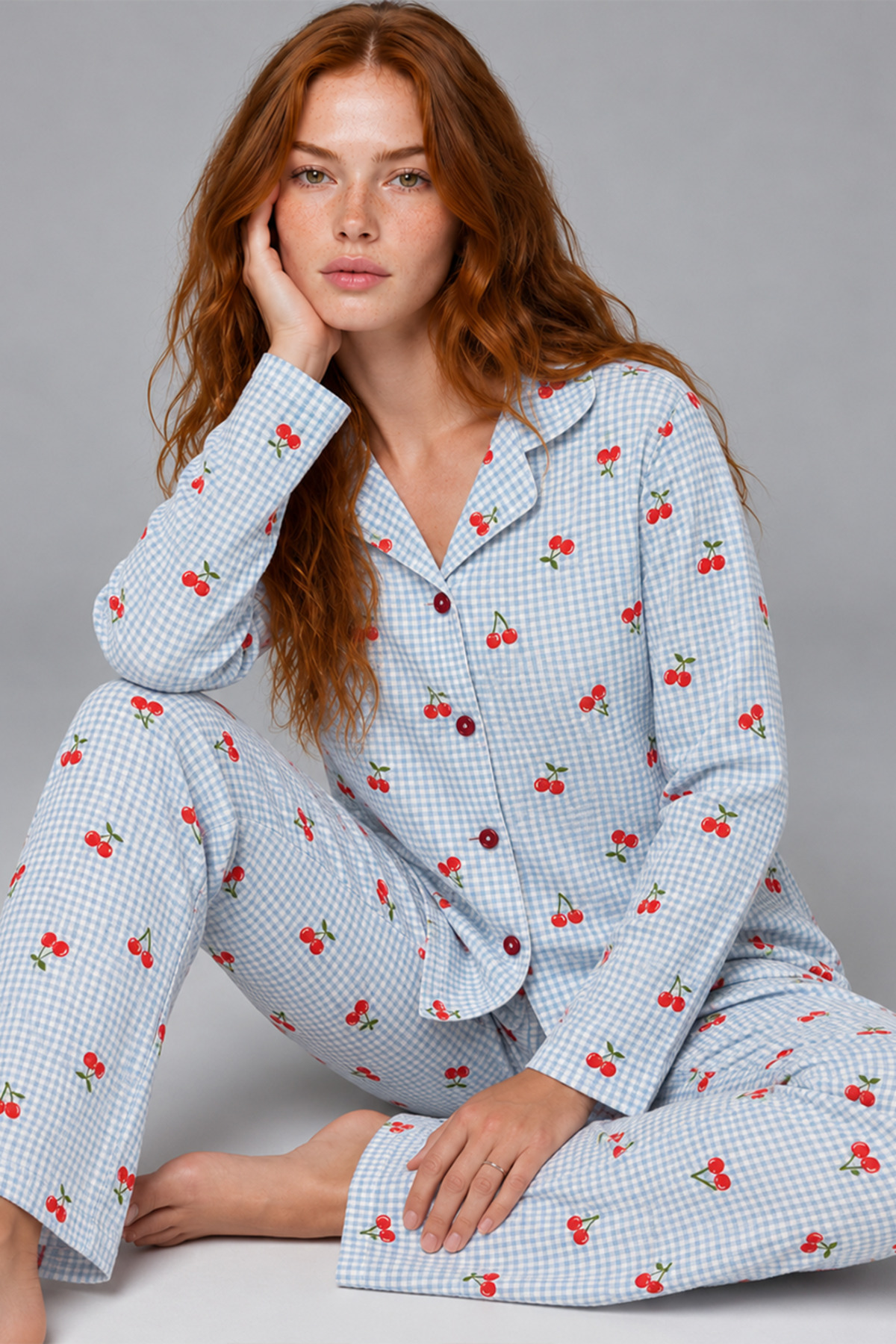 Kadın Kiraz Desenli Pötikare Mavi Pijama Takımı 4792 5