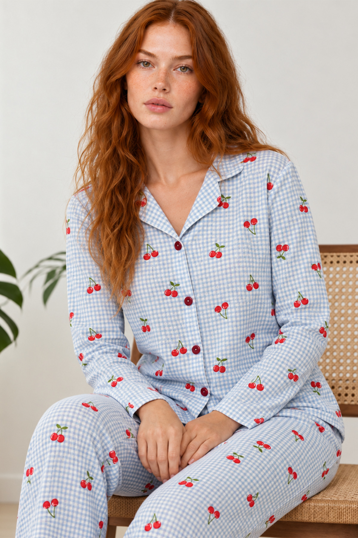 Kadın Kiraz Desenli Pötikare Mavi Pijama Takımı 4792 4