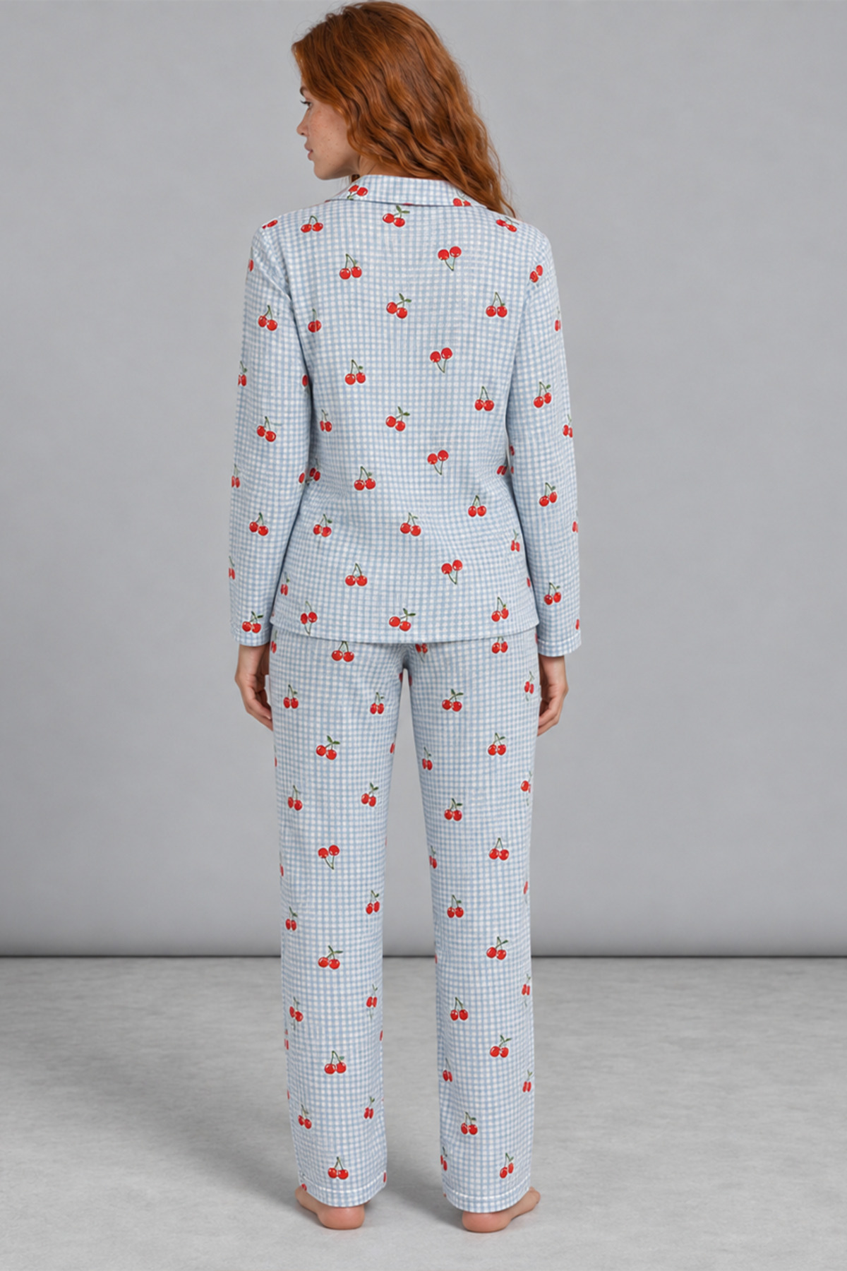 Kadın Kiraz Desenli Pötikare Mavi Pijama Takımı 4792 3
