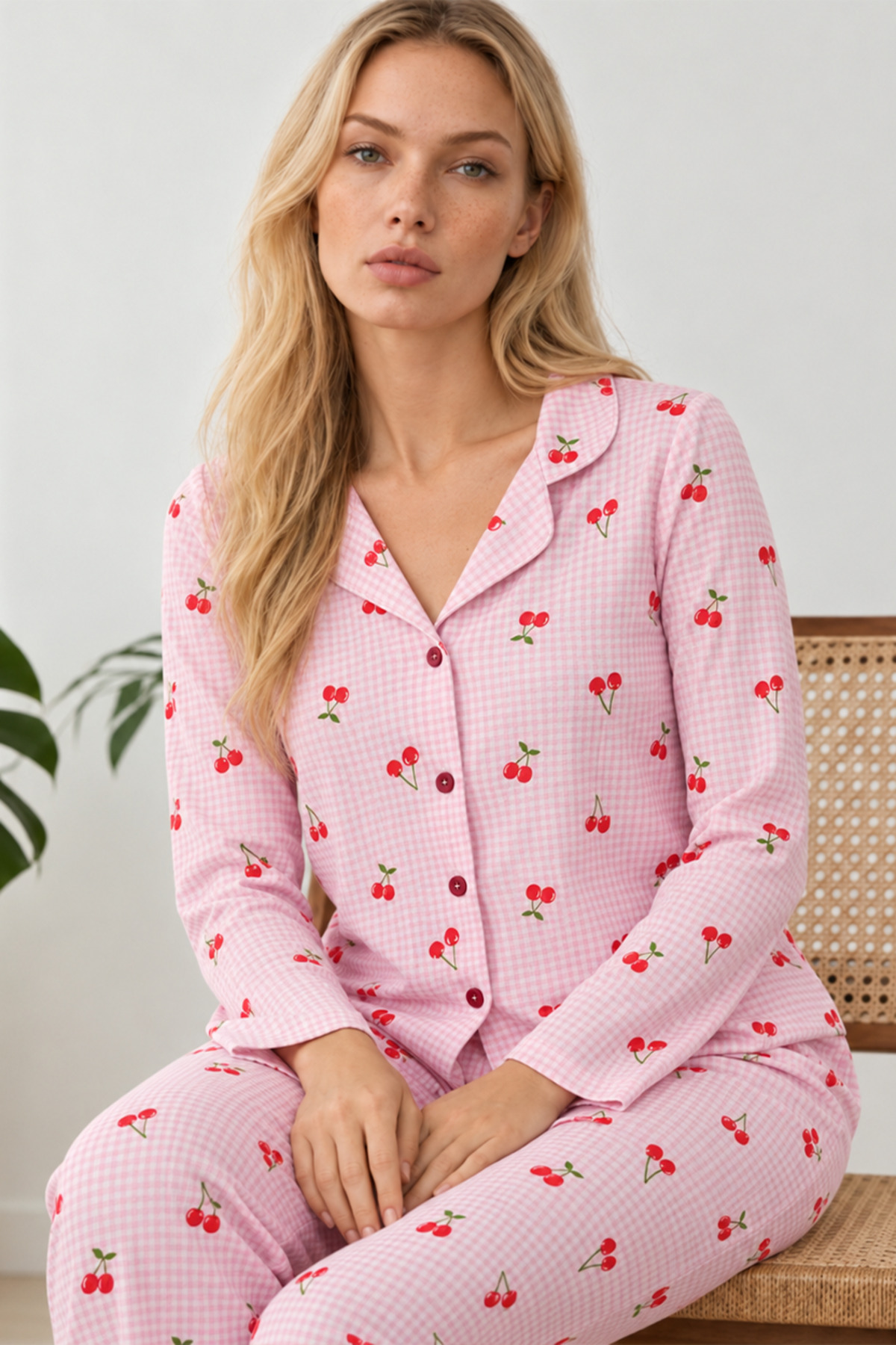 Kadın Kiraz Desenli Pötikare Pembe Pijama Takımı 4793 5