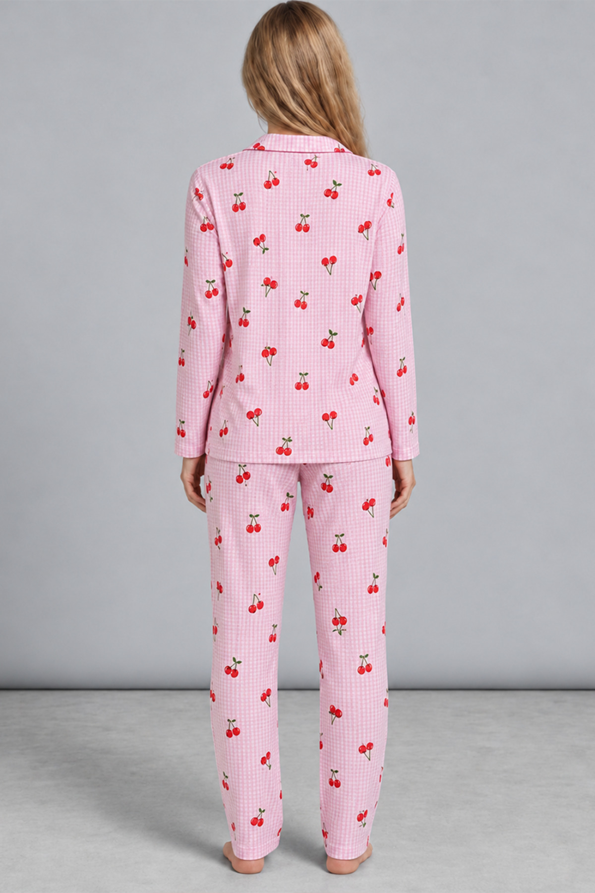Kadın Kiraz Desenli Pötikare Pembe Pijama Takımı 4793 4