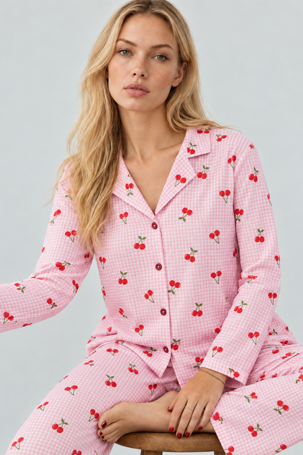 Kadın Kiraz Desenli Pötikare Pembe Pijama Takımı 4793 3